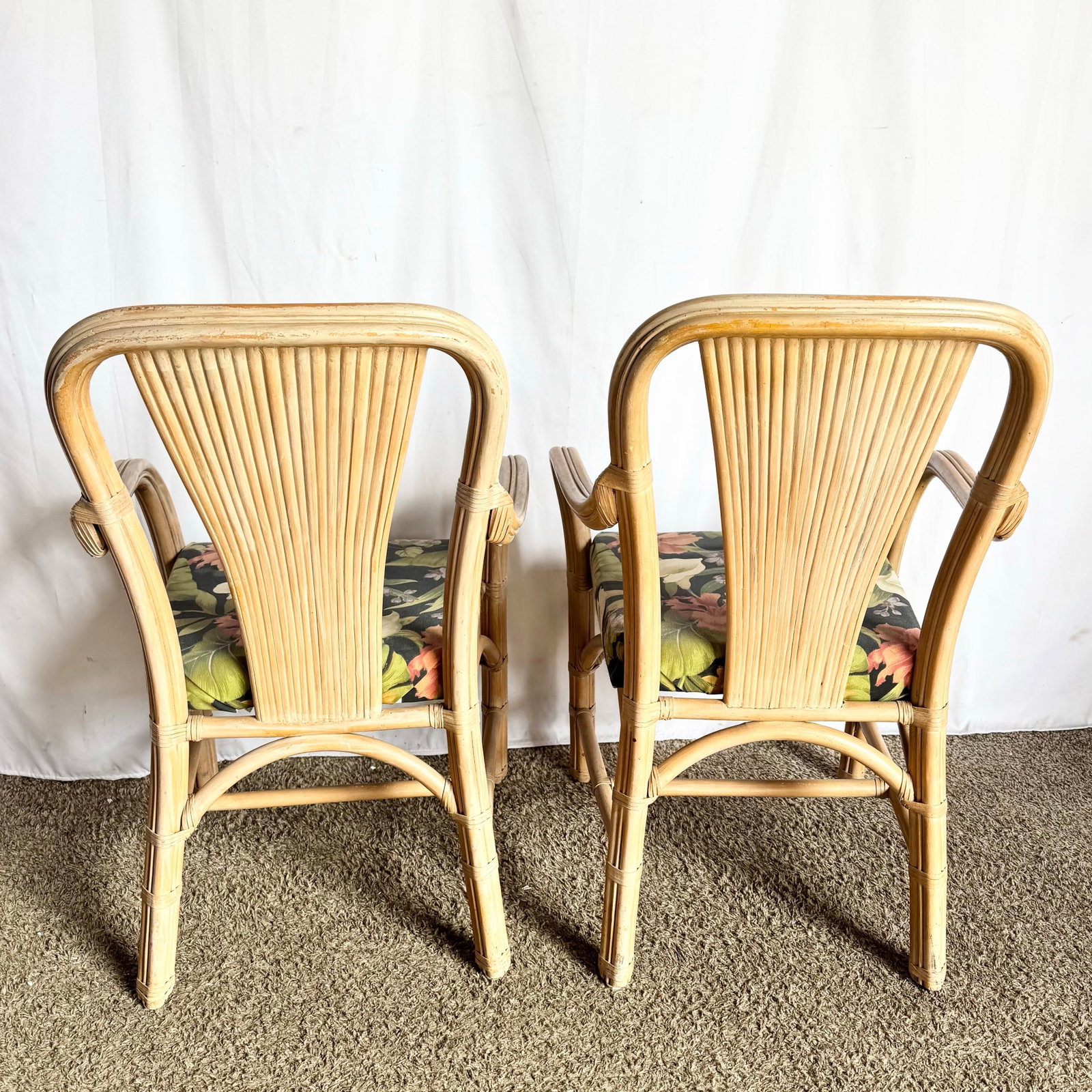Vintage Washed Rattan Floral Dining Arm Chairs - Set of 4 - 5