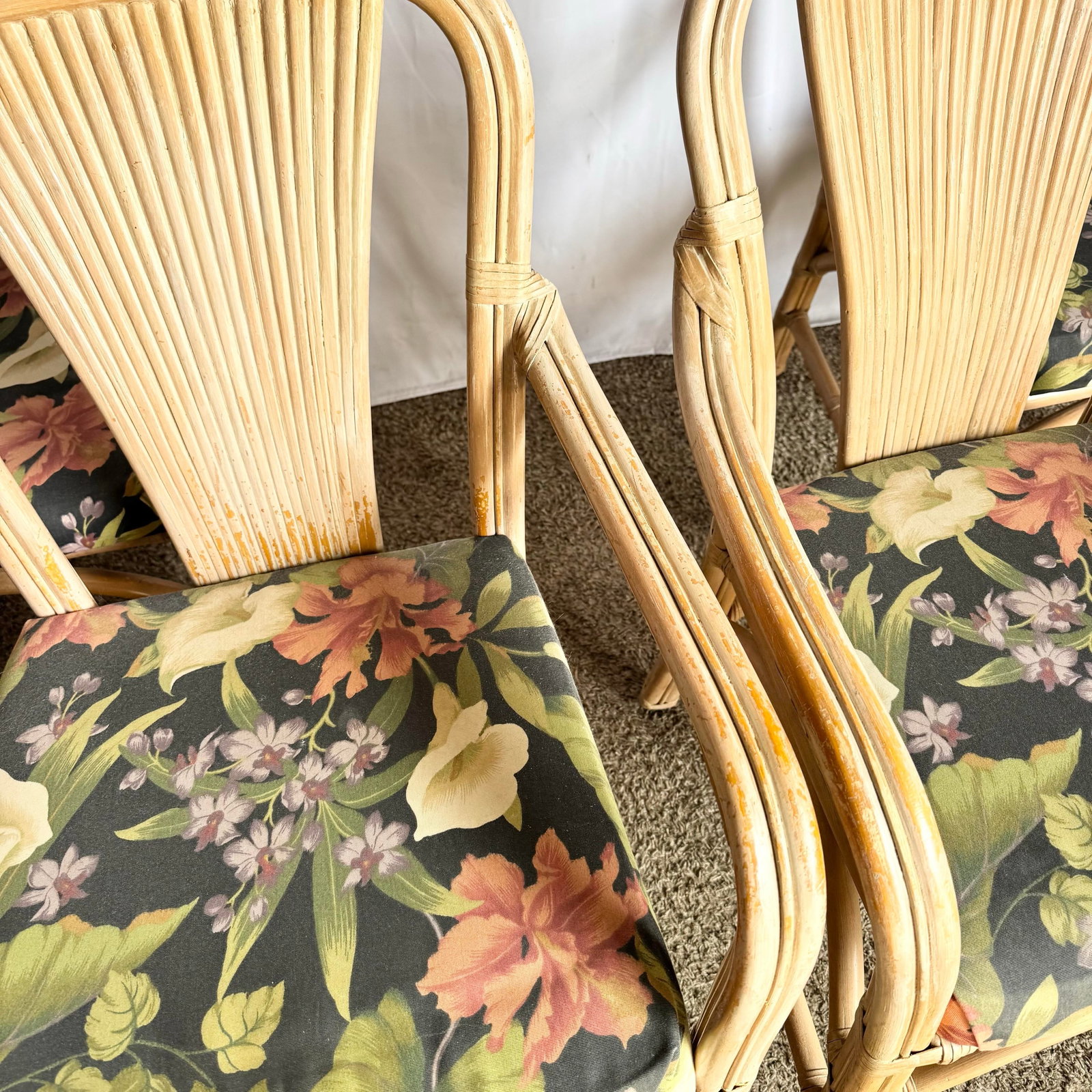 Vintage Washed Rattan Floral Dining Arm Chairs - Set of 4 - 7