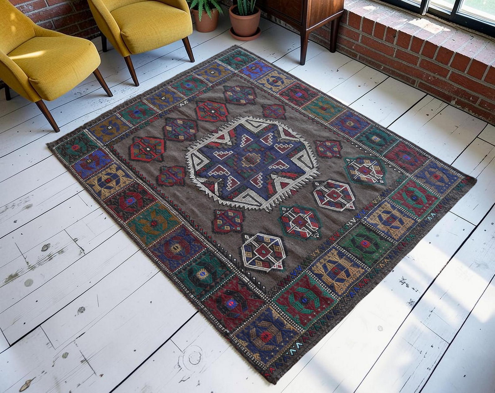 1960s Hand-Woven Kilim Braided Area Rug - 2