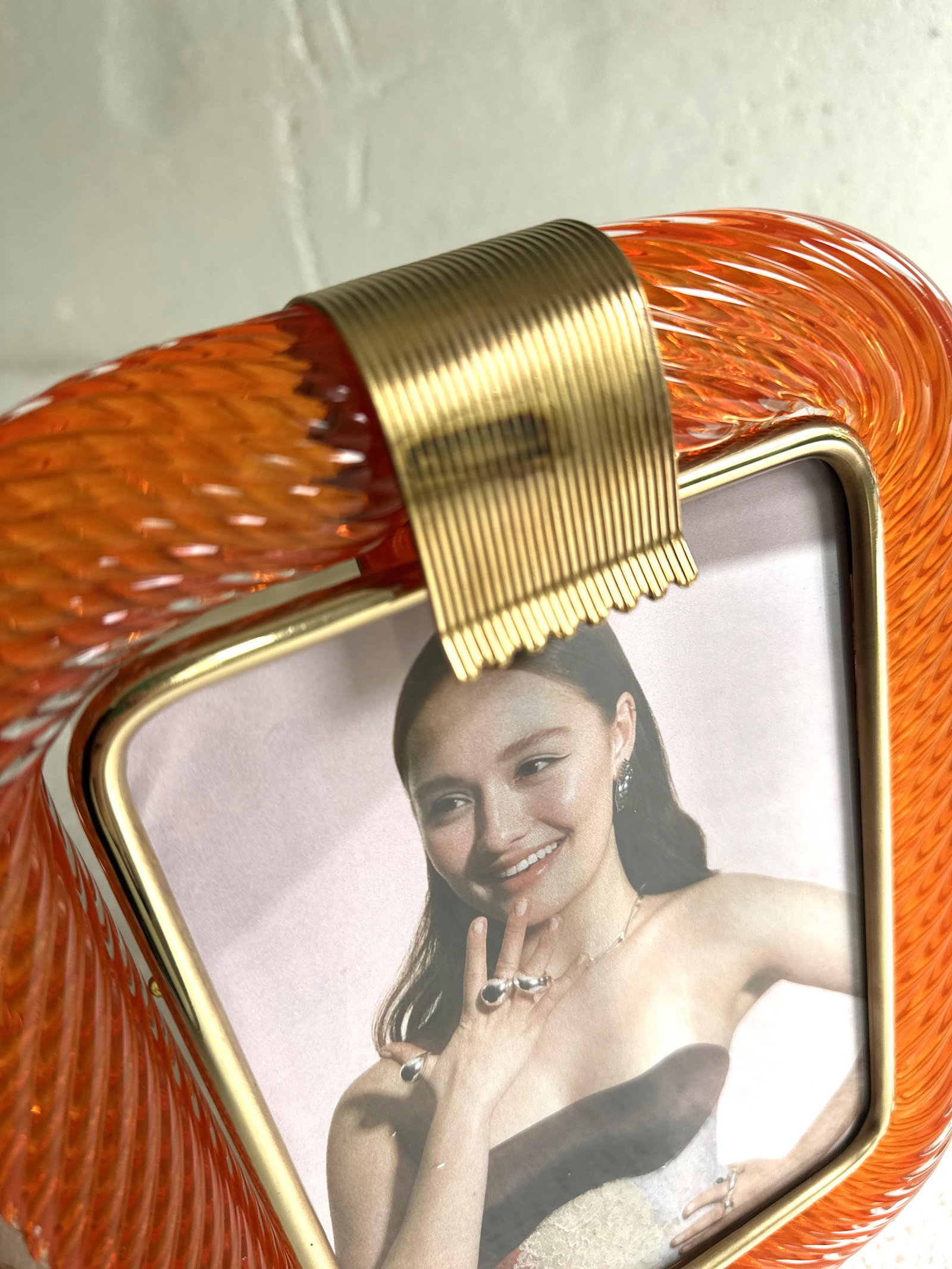 Mid-Century Modern Style Amber"Torchon" Murano Glass Picture Frame and Unaquered Brass in Barovi - 5
