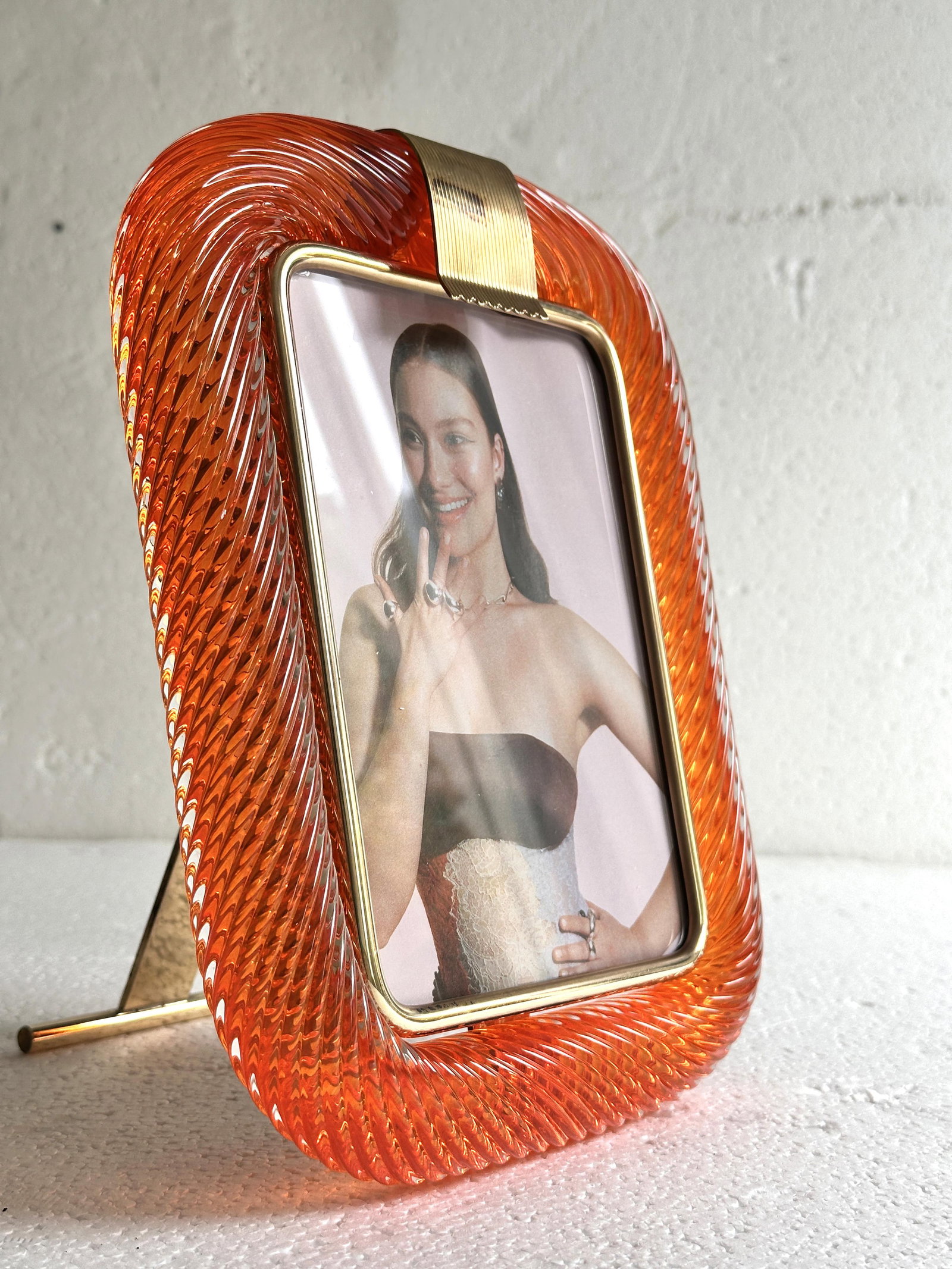 Mid-Century Modern Style Amber"Torchon" Murano Glass Picture Frame and Unaquered Brass in Barovi - 7