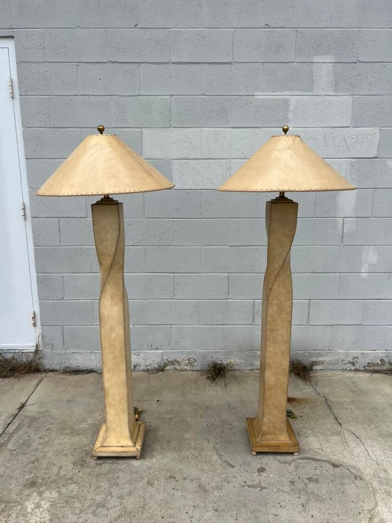 Pair of 1990s Lexington Furniture Cream Leather Floor Lamps With Matching Leather Shades - 2