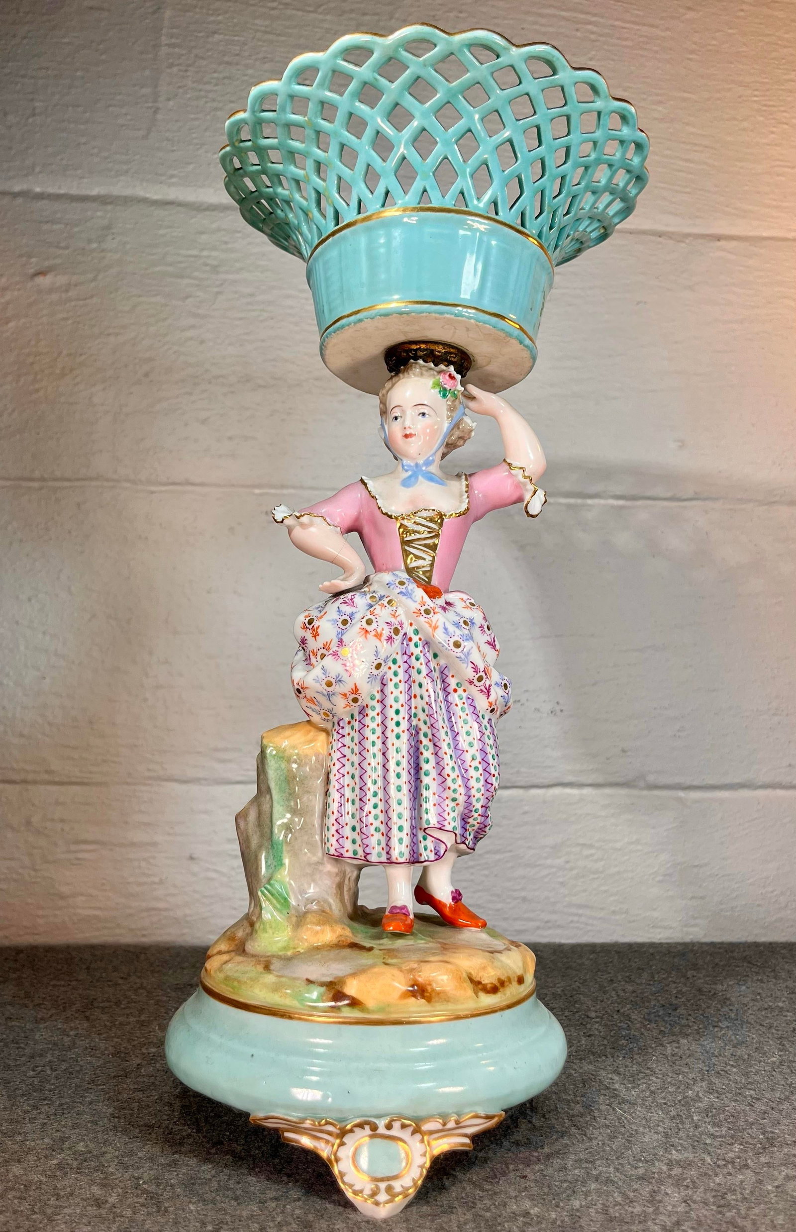 Antique Continental Porcelain Figurine With Reticulated Basket - 3