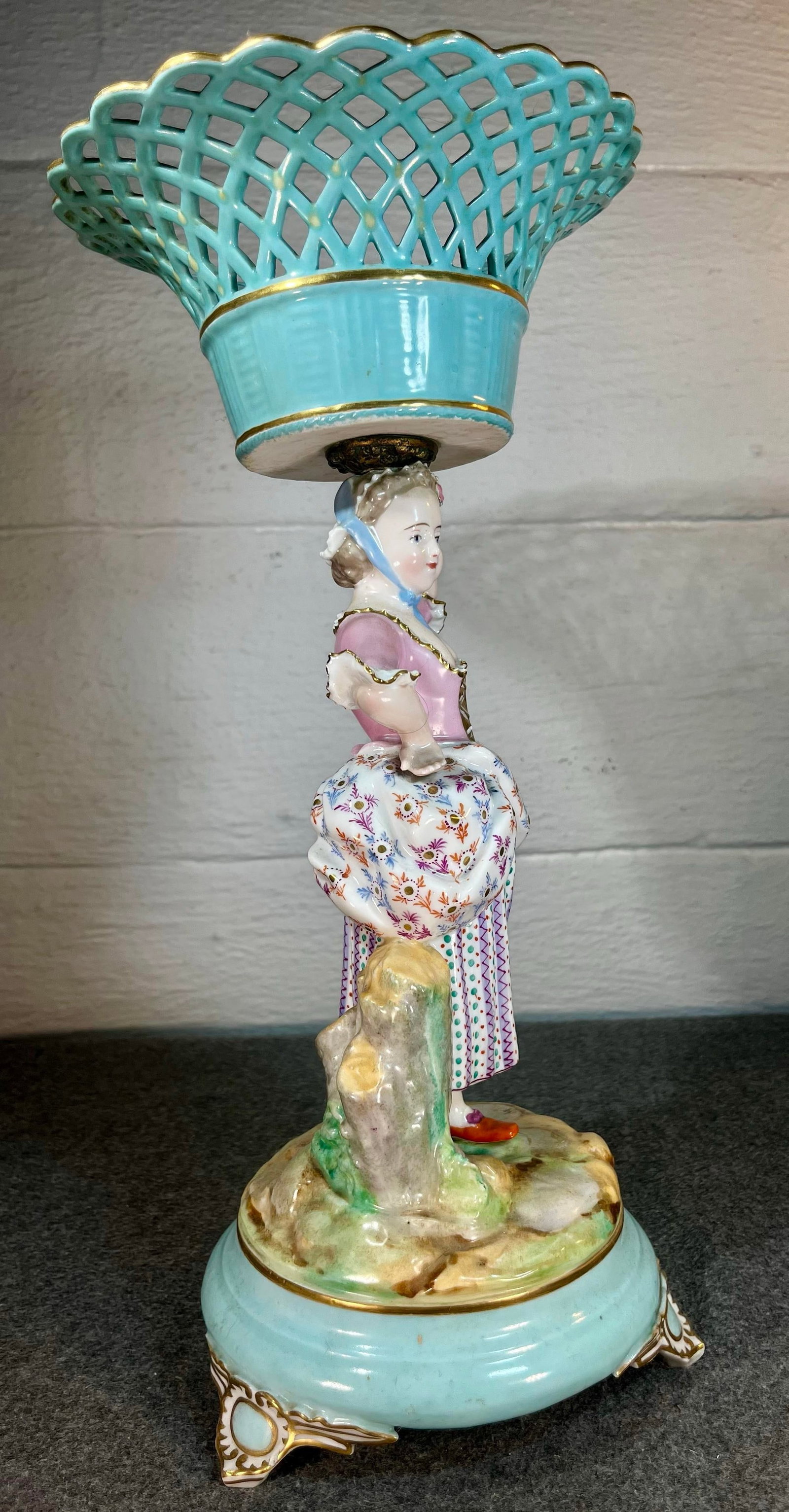 Antique Continental Porcelain Figurine With Reticulated Basket - 7