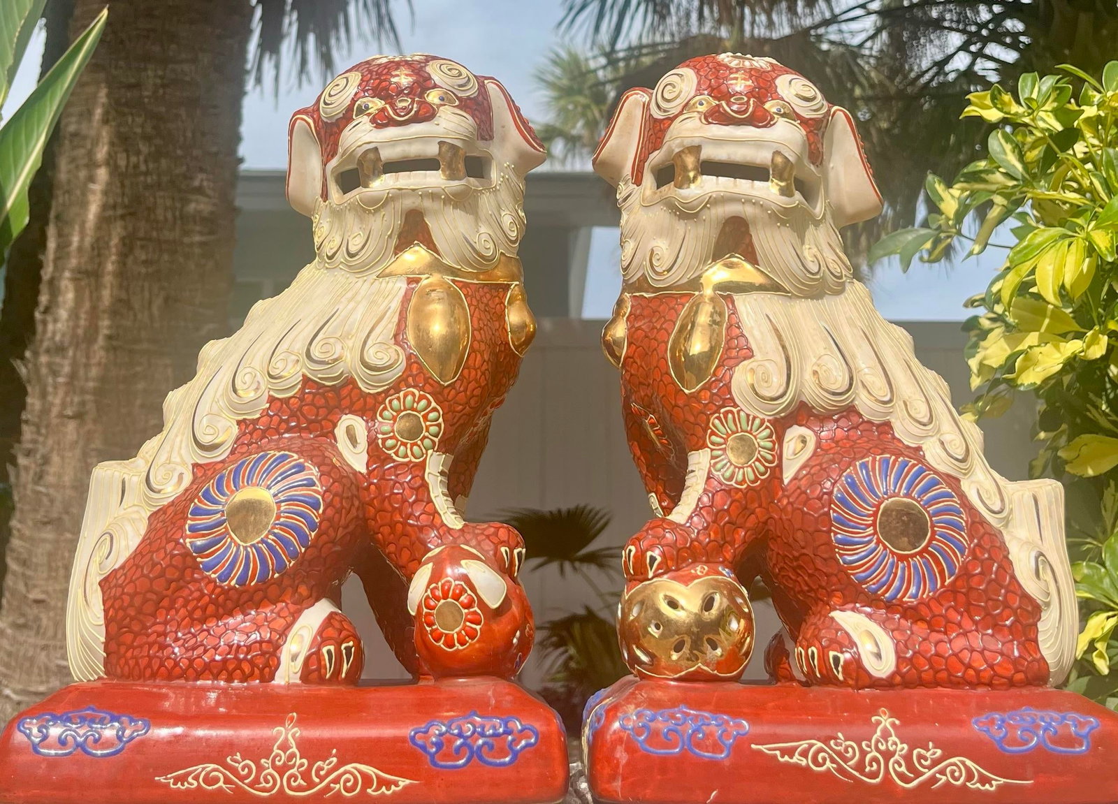 Pair of Vintage Japanese Kutani Porcelain Foo Dog Statues - 2