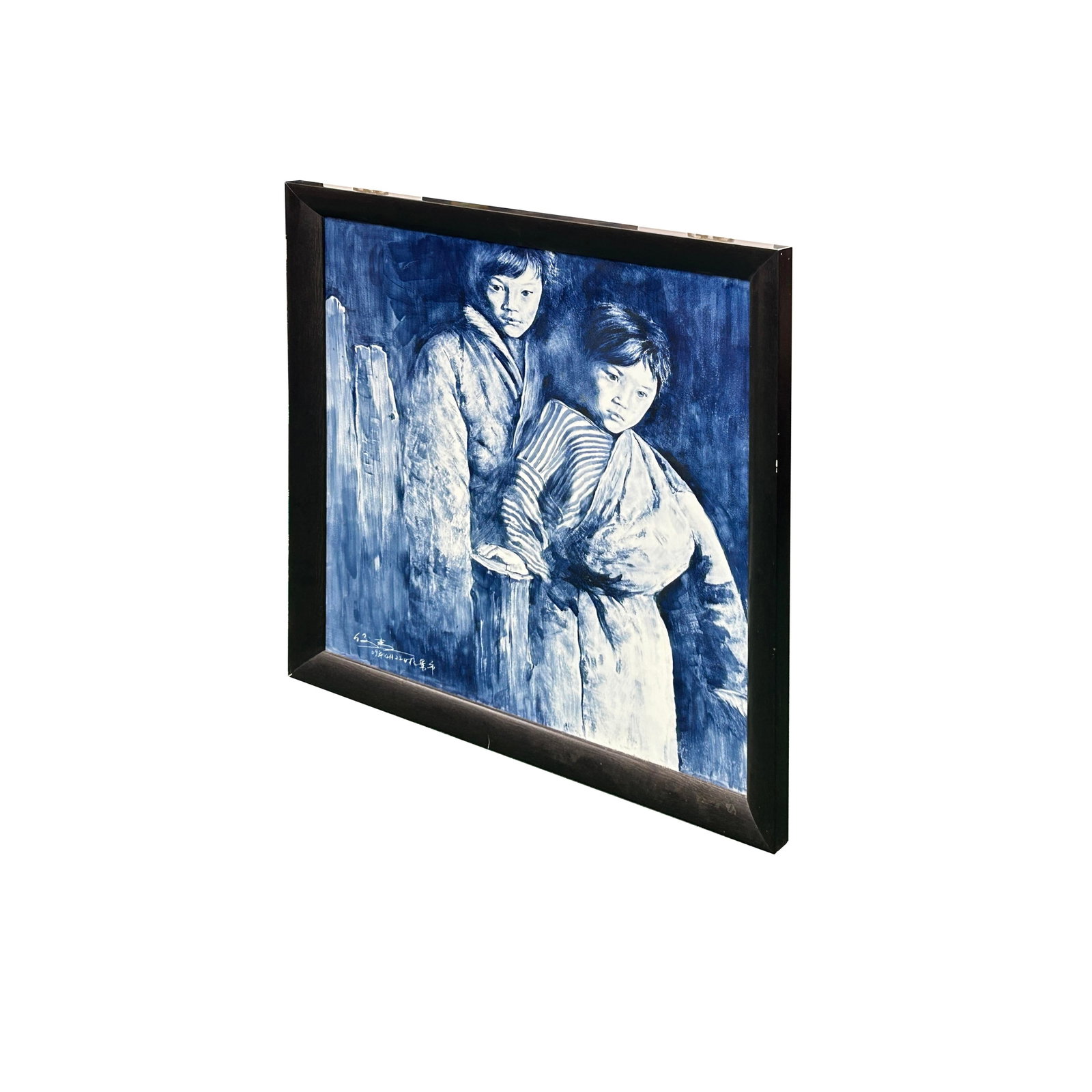 Contemporary Blue White People Graphic Porcelain Wood Framed Art - 3