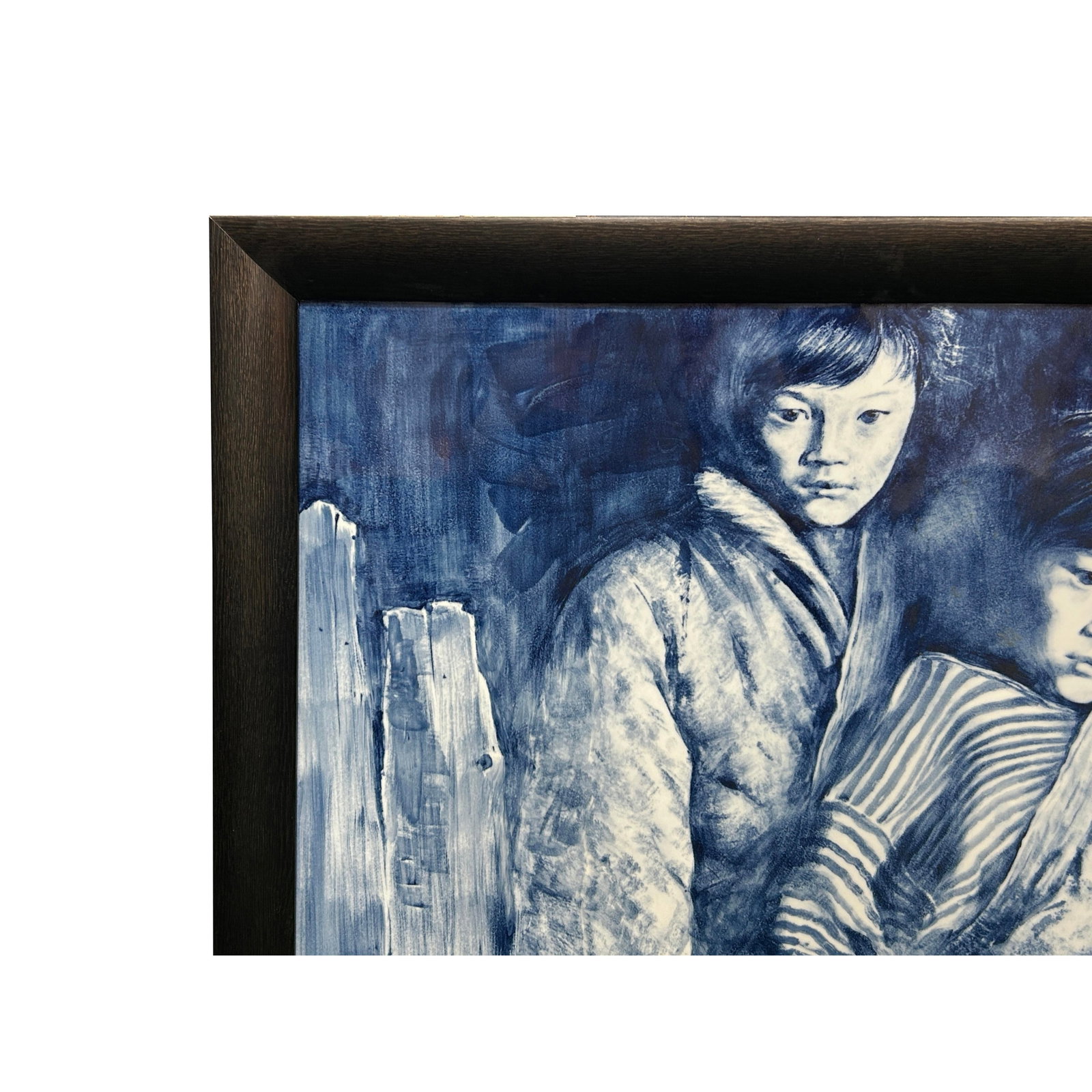 Contemporary Blue White People Graphic Porcelain Wood Framed Art - 4