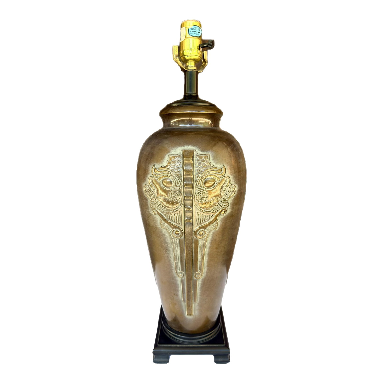 Vintage Frederick Cooper Style Archaic Bronze "Taotie" Lamp | James Mont Era Chinoiserie: This commanding Turtle and Crane find is a spectacular example of Archaic Bronze Revival lighting, dating to the 1970s. While unsigned, the high-quality casting and "Taotie" mask motif are