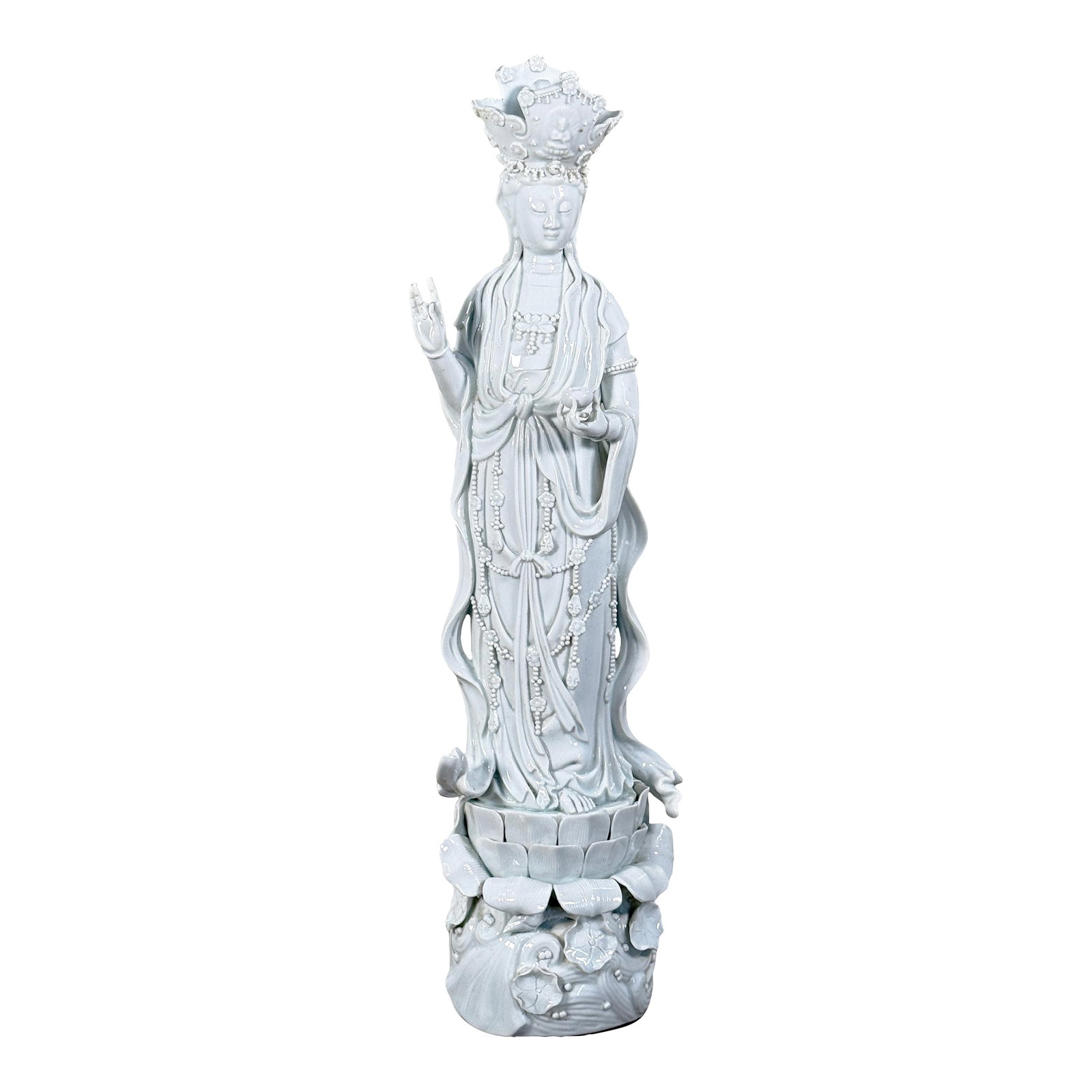 Vintage Chinese Blanc De Chine Guanyin Porcelain Deity Statue on Lotus Pedestal: This tall Chinese blanc de Chine porcelain Guanyin figure is modeled with flowing robes, beaded jewelry, raised blessing hand, and an elaborate crown, all rendered in a high gloss white glaze that hig