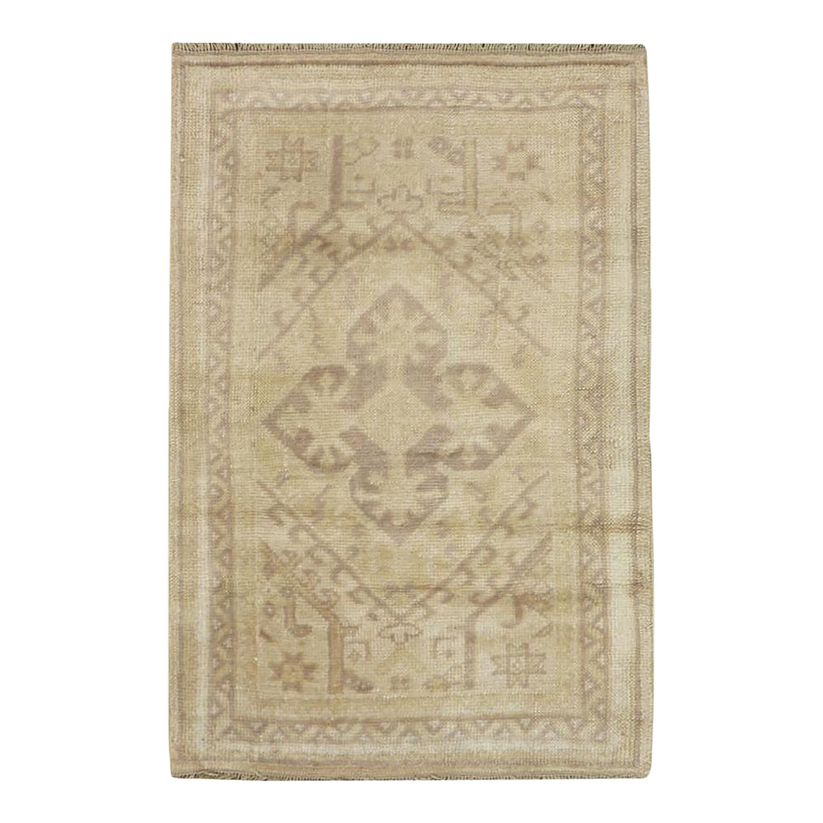 Galerie Shabab Collection Early 20th Century Turkish Oushak Throw Rug: This early 20th-century Turkish Oushak rug, measuring 2' 0" × 3' 0", exemplifies the refined subtlety and serene palette characteristic of Anatolian village weaving. Its softly geometric design