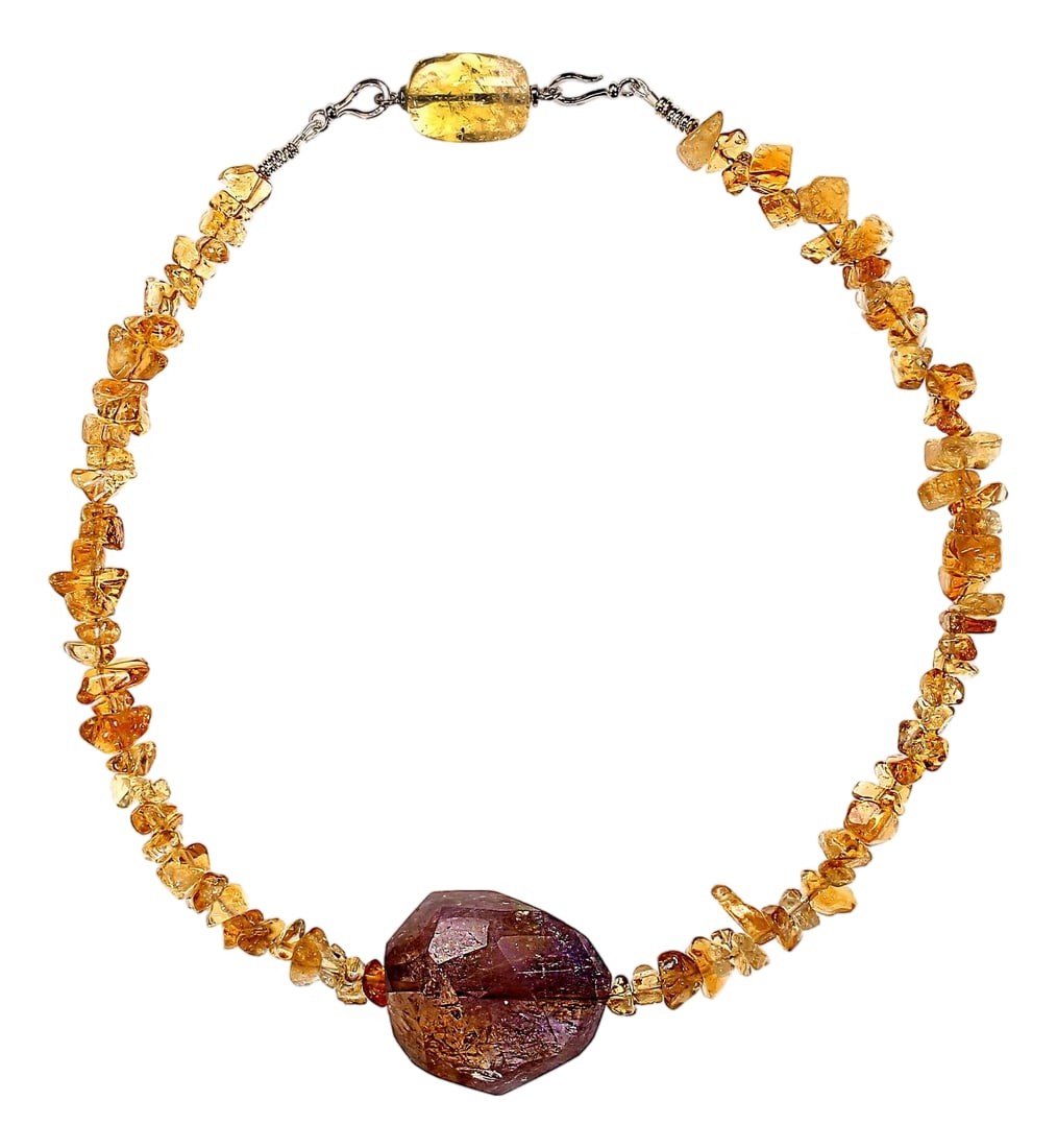 Ajd 16 Inch Citrine Necklace With Large Ametrine Focal: The heart of this 16"‘inch citrine chip necklace is its breathtaking 32×28"¯mm faceted ametrine focal"”an unmistakable showpiece that instantly draws the eye. The ametrine's