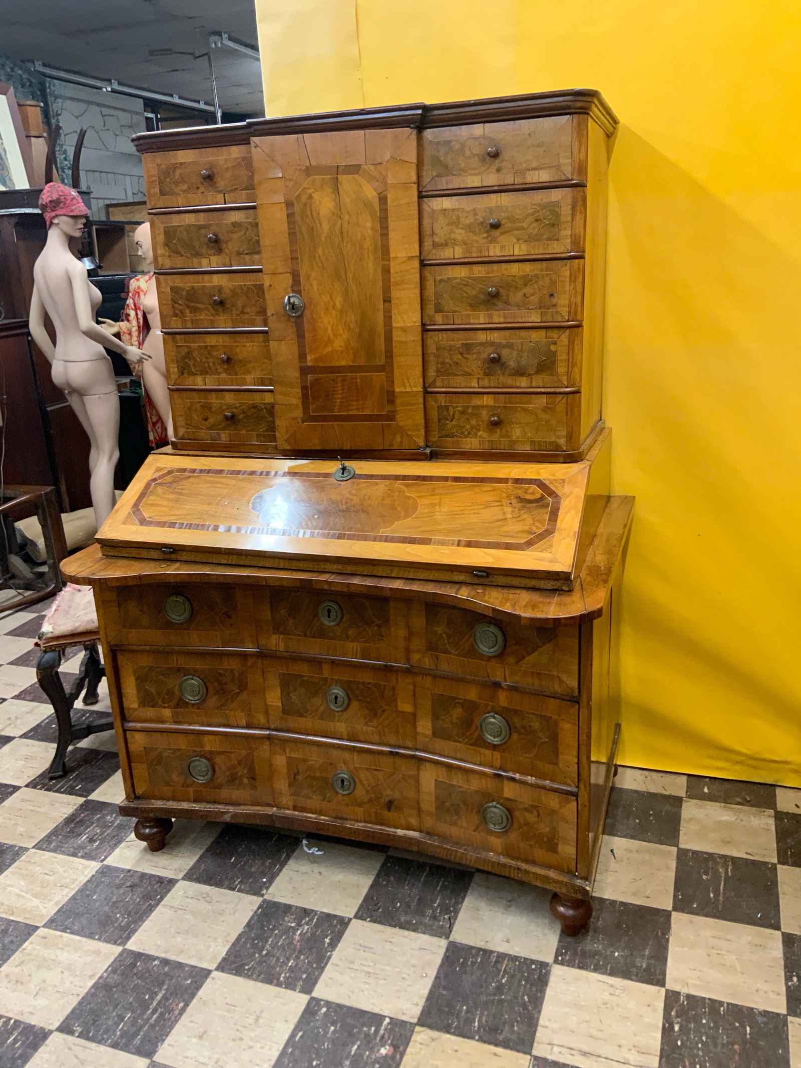 Mid 18th Baroque Century Period Walnut Fruit and Marquetry Secretary Desk - 4