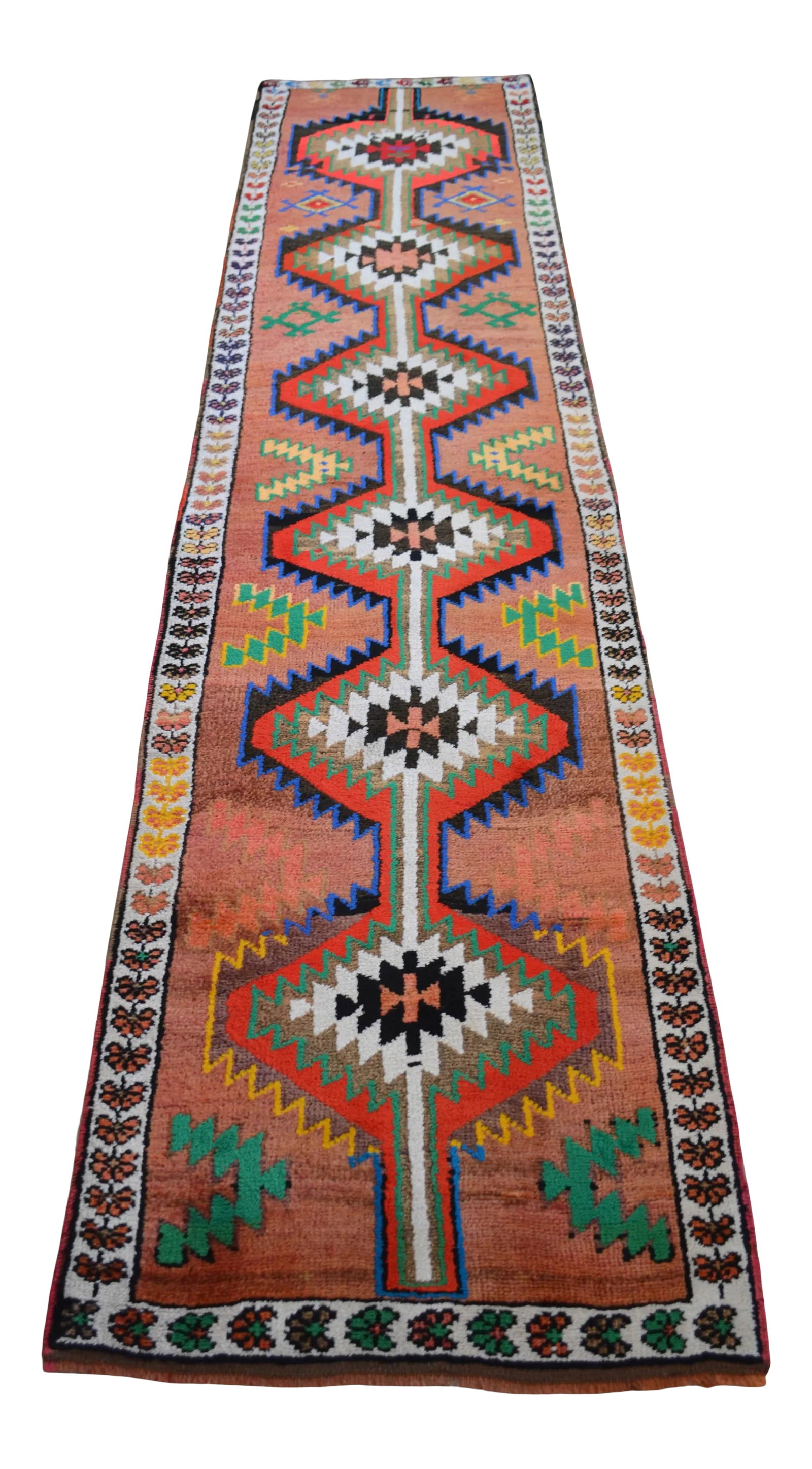 Vintage Turkish Runner Rug Hand-Knotted 3x11 Ft Burnt Orange for Hallway Rug Kitchen Decor: Woven on a traditional village family loom in Southeastern Anatolia during the 1970s, this striking vintage runner reflects the rich cultural heritage and bold, expressive artistry of its maker.