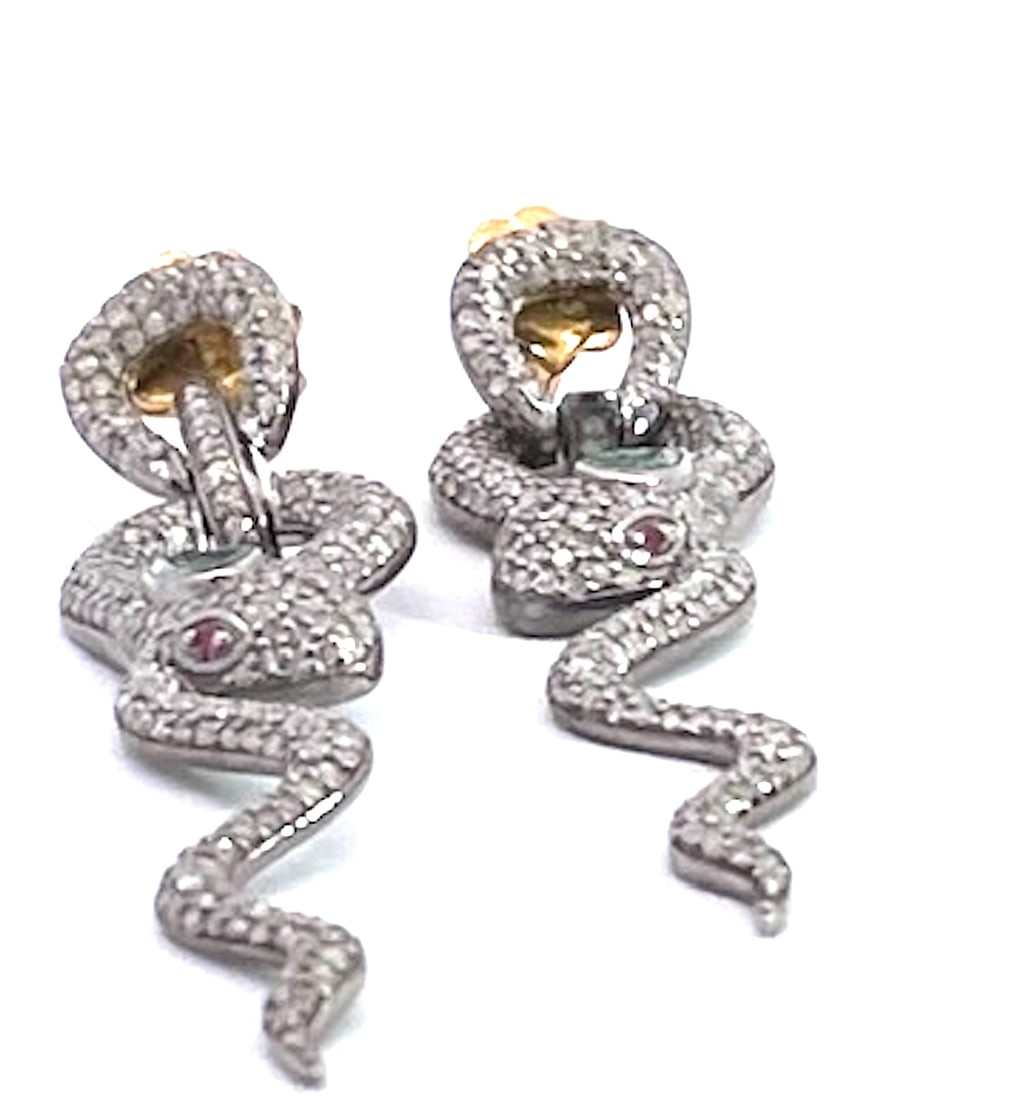 Silver Snake Long Earrings Green Stone Eyes, A Pair - 2