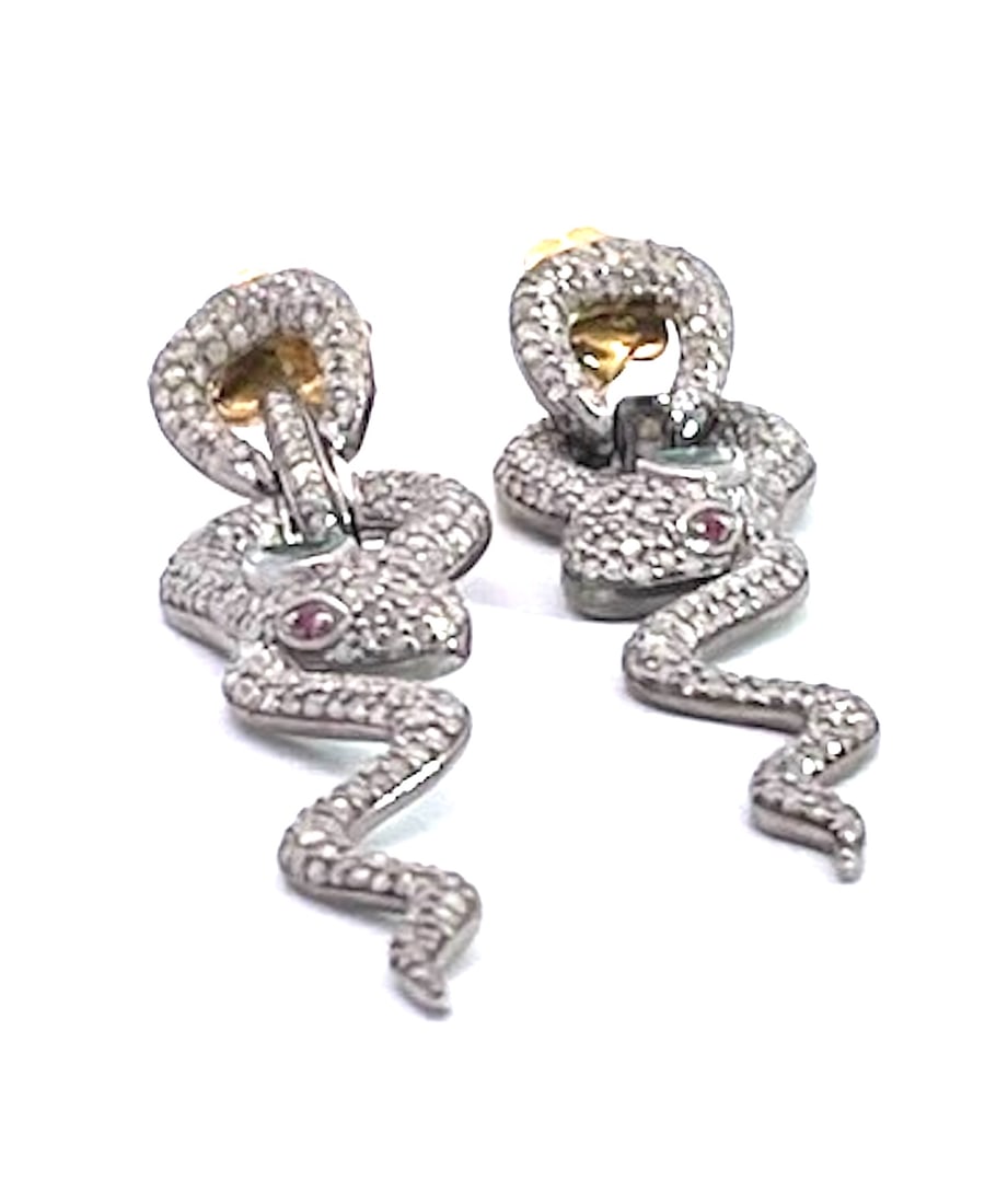 Silver Snake Long Earrings Green Stone Eyes, A Pair - 4