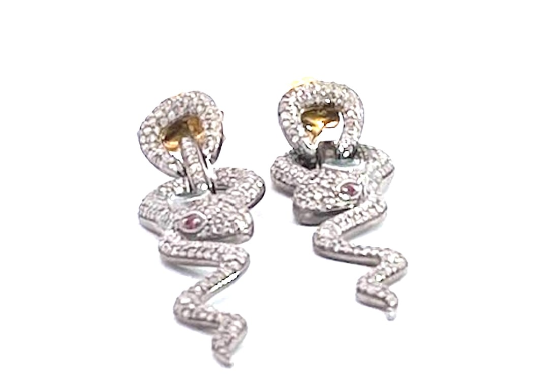 Silver Snake Long Earrings Green Stone Eyes, A Pair - 5