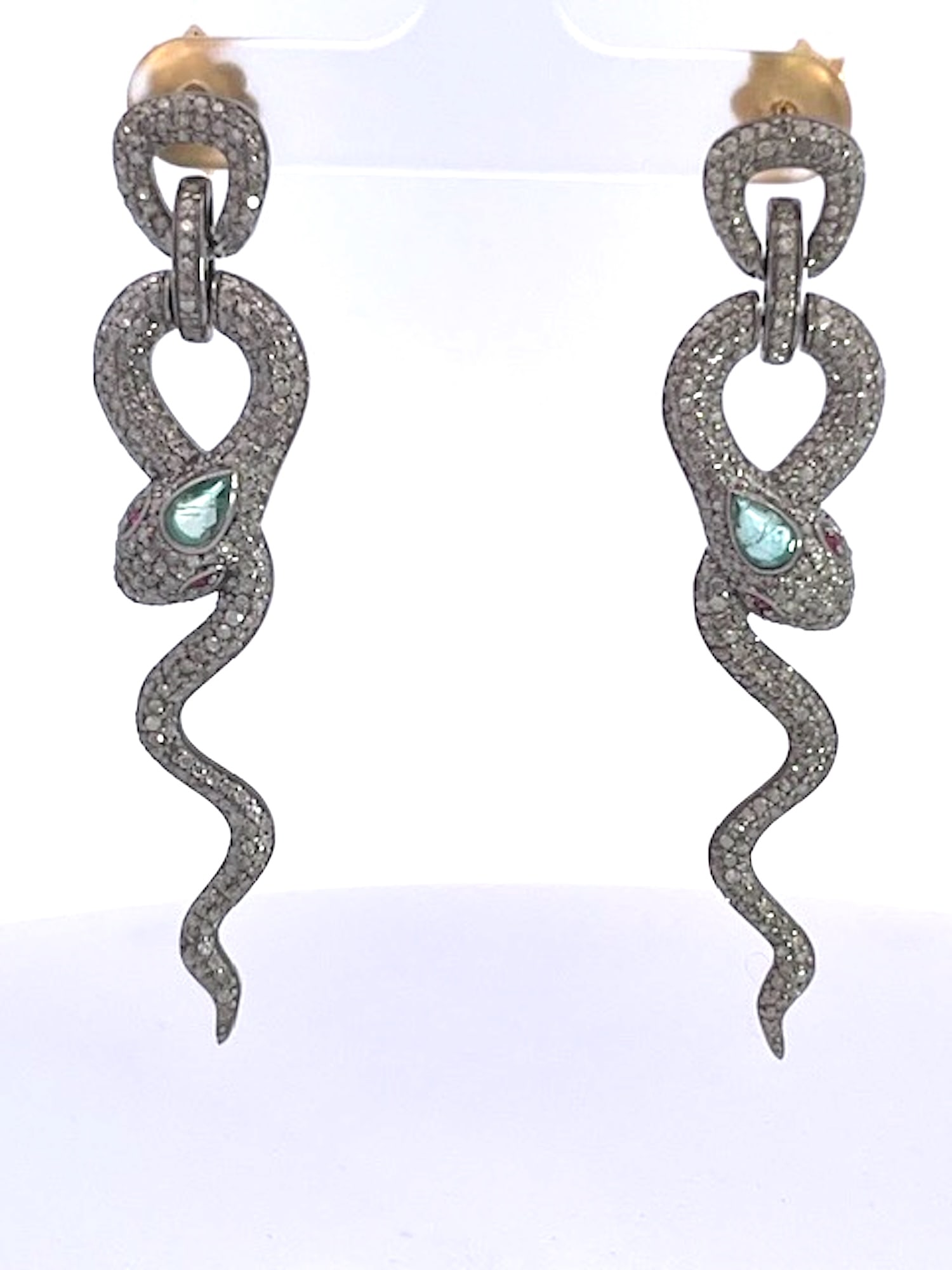Silver Snake Long Earrings Green Stone Eyes, A Pair - 6