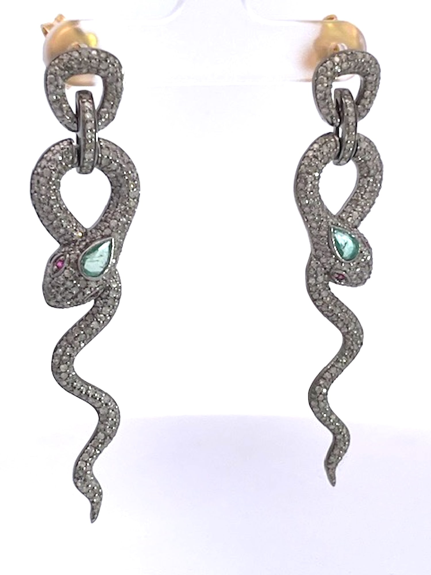 Silver Snake Long Earrings Green Stone Eyes, A Pair - 7