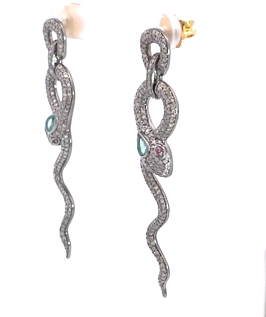 Silver Snake Long Earrings Green Stone Eyes, A Pair - 8