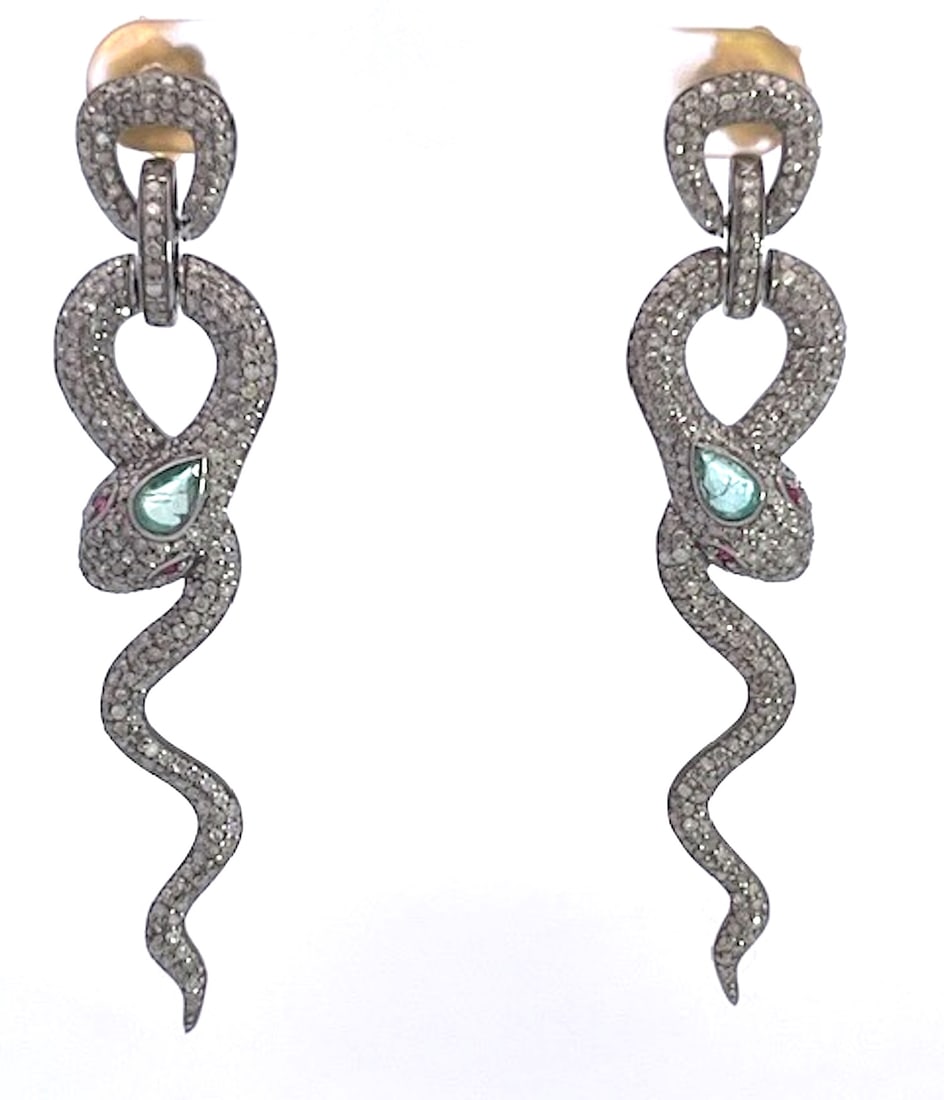 Silver Snake Long Earrings Green Stone Eyes, A Pair - 9