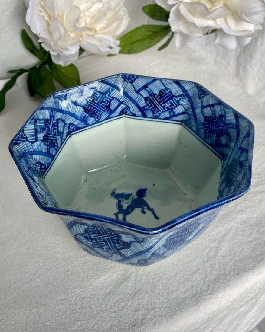 Chinese Blue & White Octagonal Porcelain Bowl With Qilin – Textile Pattern – 7" – - 4