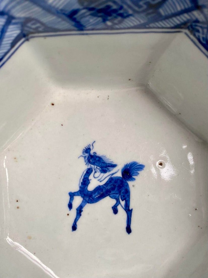 Chinese Blue & White Octagonal Porcelain Bowl With Qilin – Textile Pattern – 7" – - 5