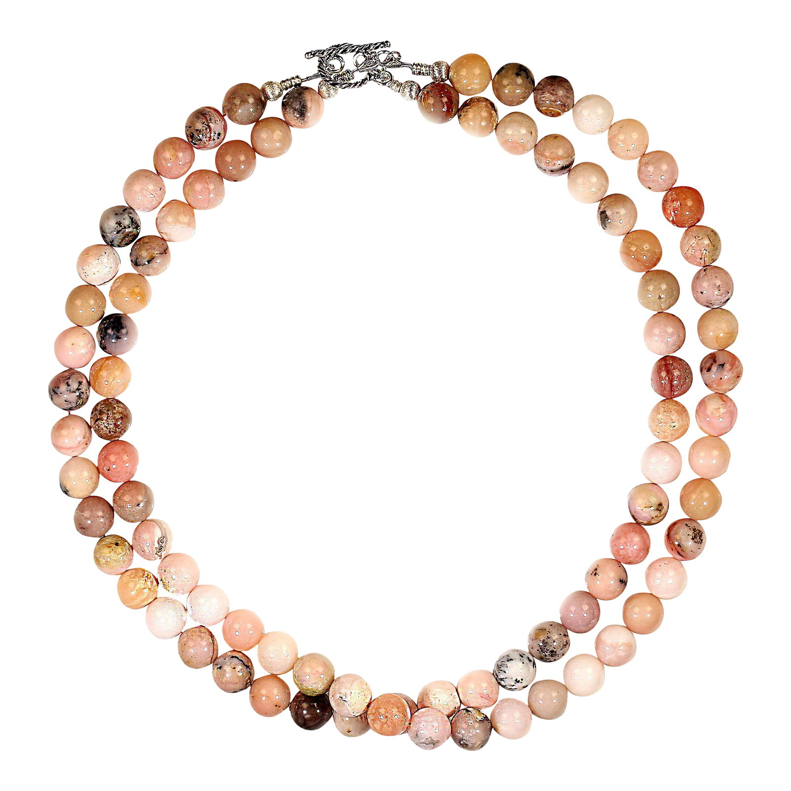 Ajd 18 Inch Two Strand Pink Peruvian Necklace: This 18"‘inch two"‘strand Pink Peruvian Opal necklace brings a soft, romantic elegance that feels perfect for springtime outfits or a relaxed cruise wardrobe. The natural 10 mm beads