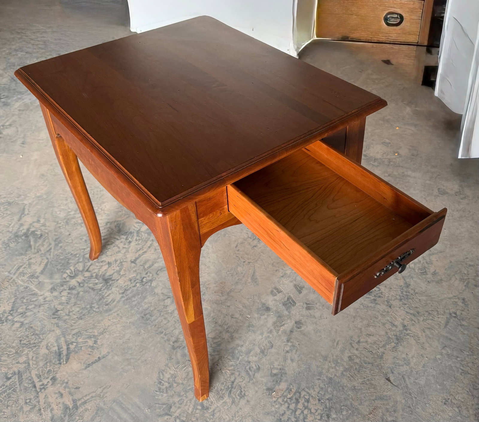 Ethan Allen Madison French Country Side Table: Ethan Allen Madison collection includes various Country French-inspired pieces including this end table. Crafted from solid wood featuring elegant, sometimes rustic designs characterized by French