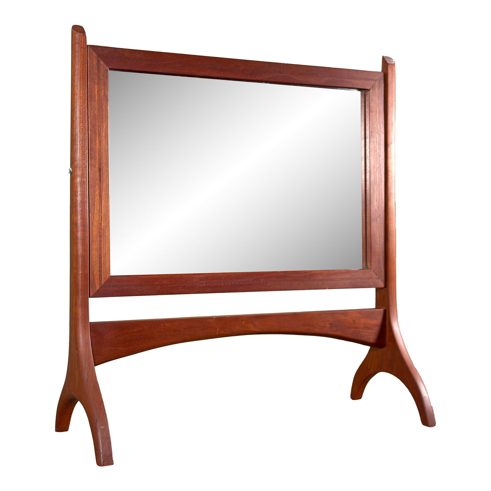Mid Century Scandinavian Modern Teak Vanity Mirror With Sculptural Stand: This stunning mid century vanity mirror features a rectangular teak frame supported by a sculptural stand with curved organic legs. The mirror frame is designed to tilt for use as a shaving or