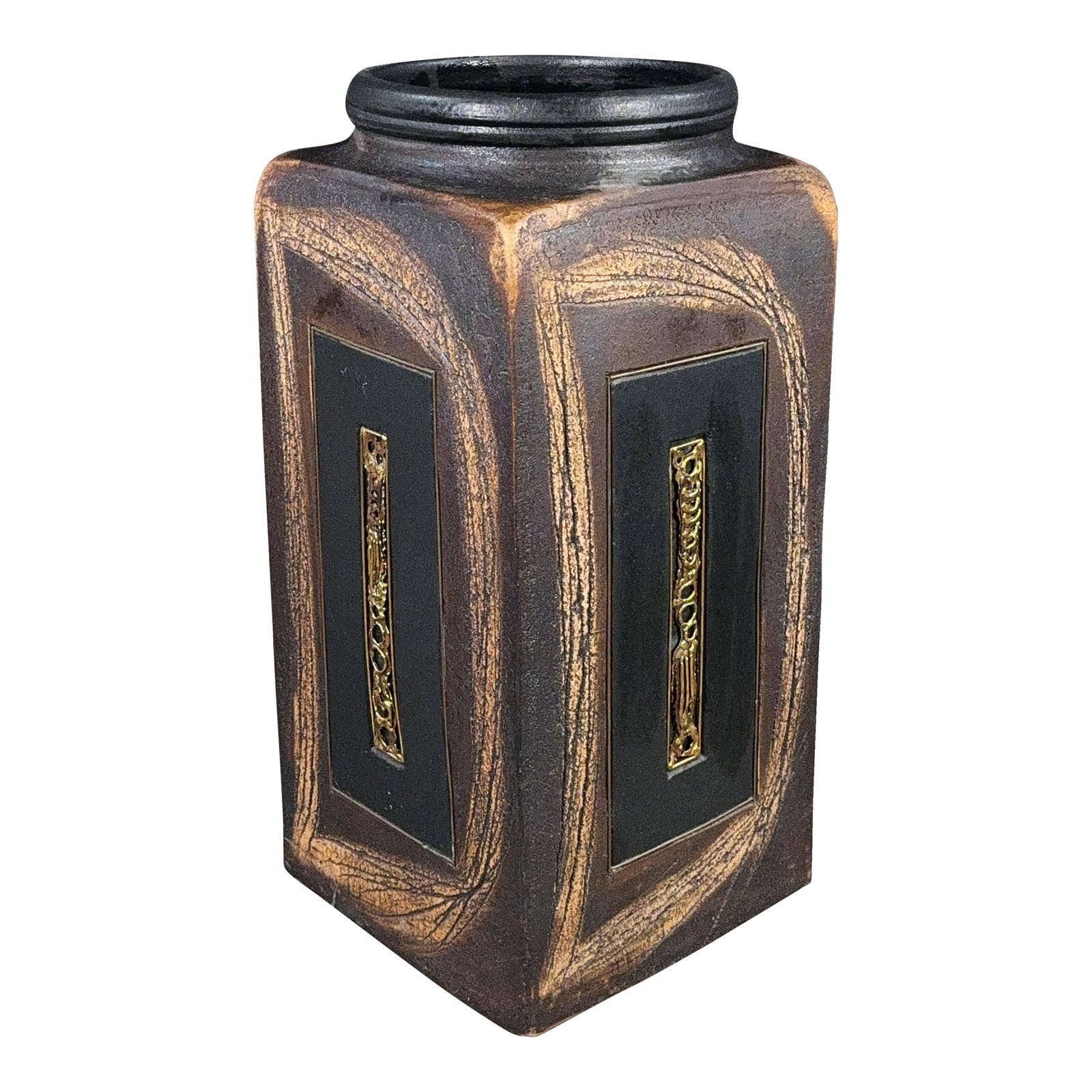 Vintage Brutalist Ceramic Floor Vase With Inlaid Brass Panels, Paul Evans Style, 1970s: This large square ceramic floor vase has a heavily textured dark brown / black glaze with amber swirling surface decoration that gives it a raw, almost geological quality. The four faces are set with