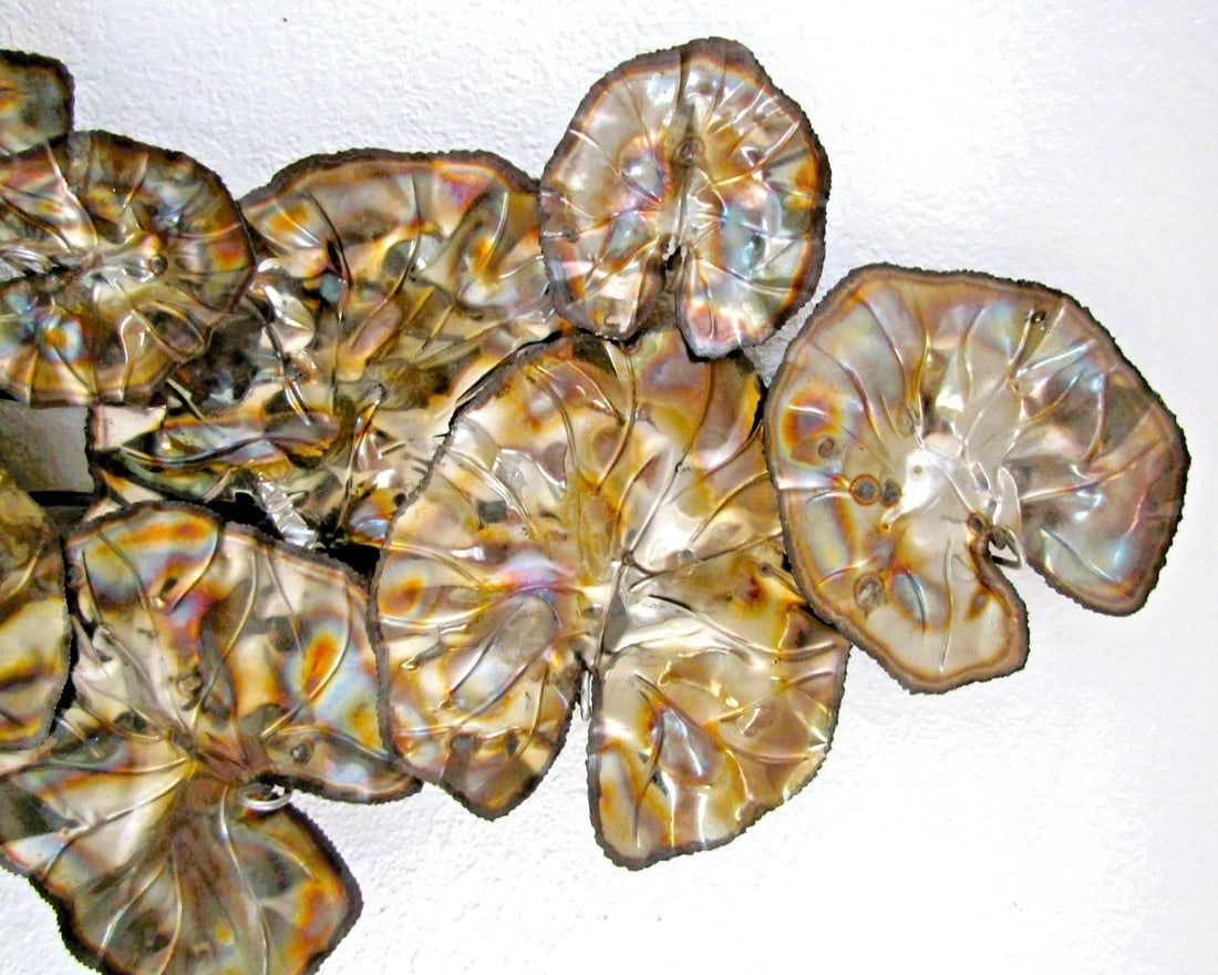Vintage Brutalist Torch Cut Brass Lily Pad 67 Inch Wall Sculpture Attributed to Curtis Jere - 3
