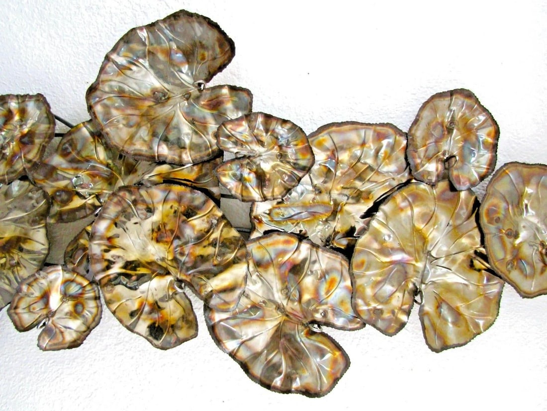 Vintage Brutalist Torch Cut Brass Lily Pad 67 Inch Wall Sculpture Attributed to Curtis Jere - 4