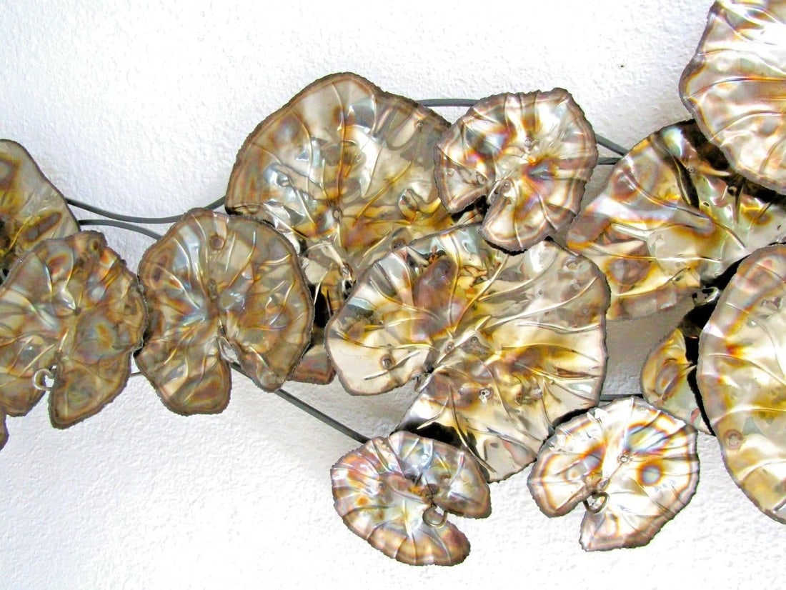 Vintage Brutalist Torch Cut Brass Lily Pad 67 Inch Wall Sculpture Attributed to Curtis Jere - 5