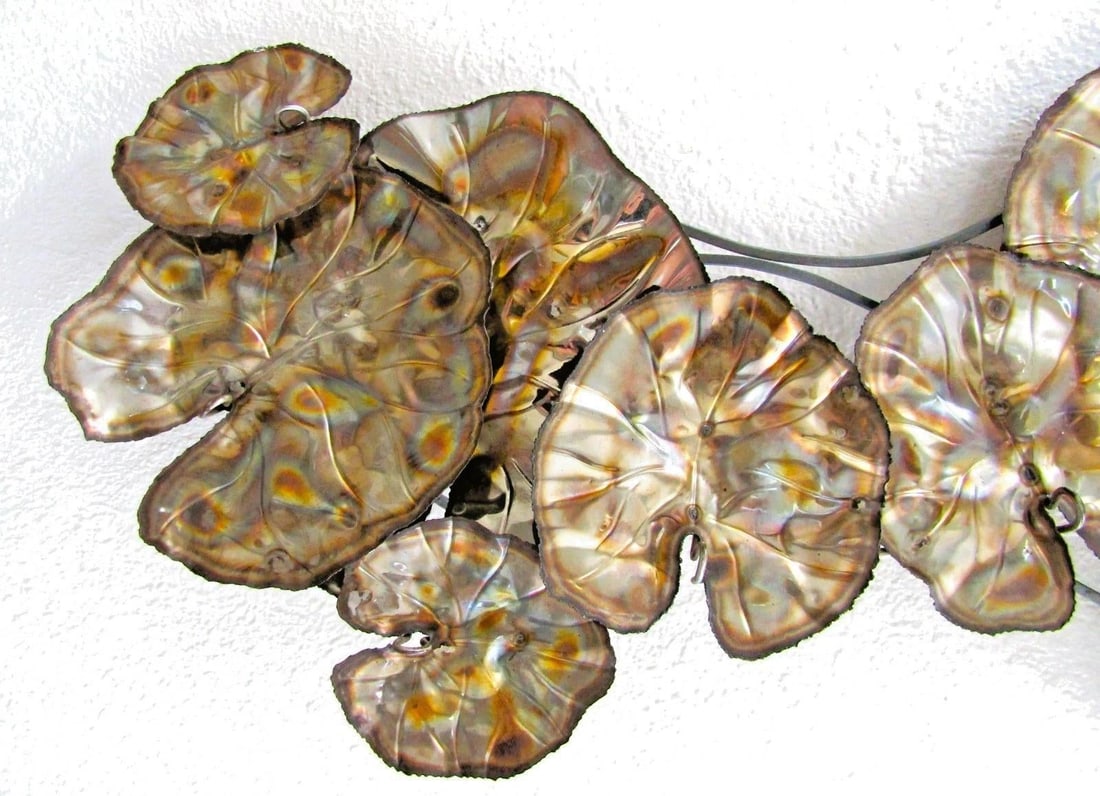 Vintage Brutalist Torch Cut Brass Lily Pad 67 Inch Wall Sculpture Attributed to Curtis Jere - 6