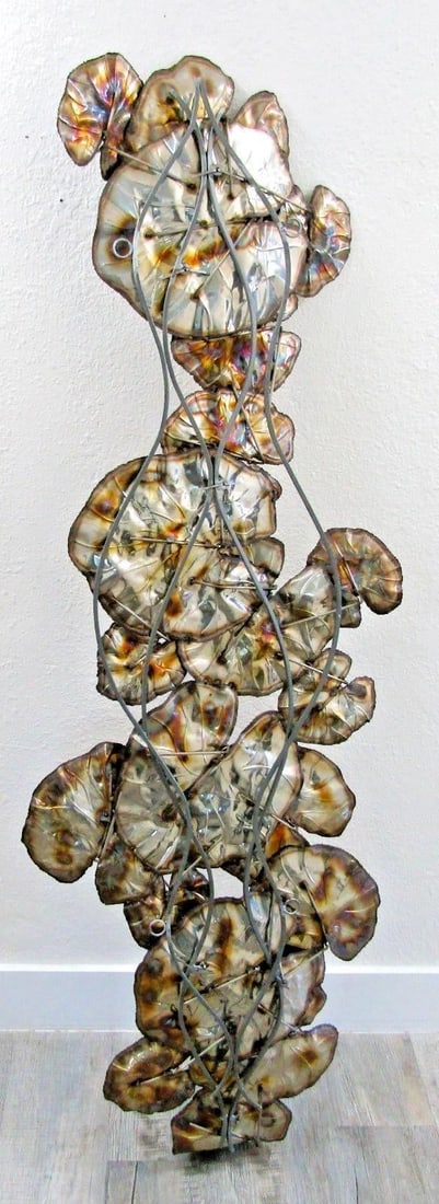 Vintage Brutalist Torch Cut Brass Lily Pad 67 Inch Wall Sculpture Attributed to Curtis Jere - 9