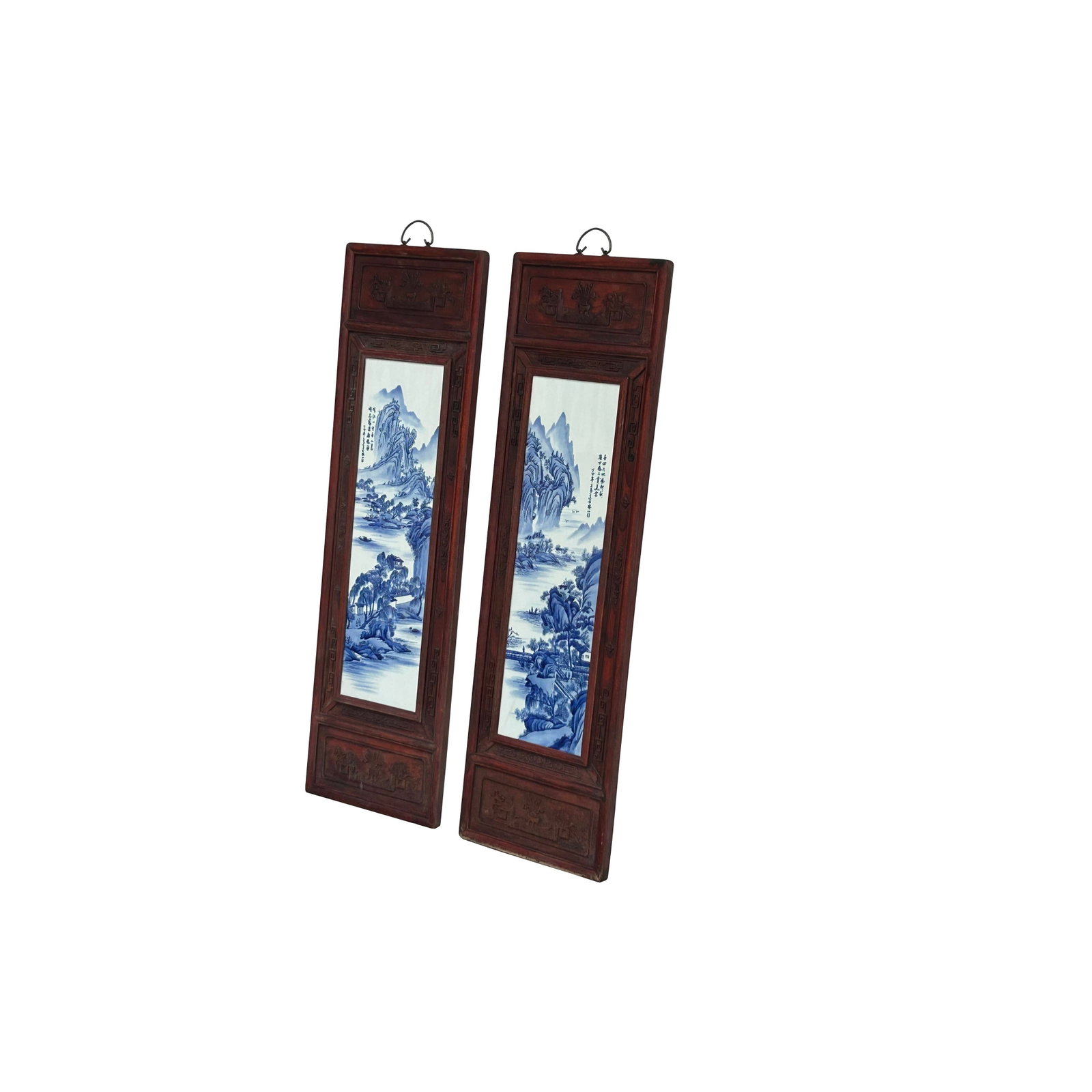 Pair Chinese Blue White Landscape Porcelain Painting Wall Panels - 2