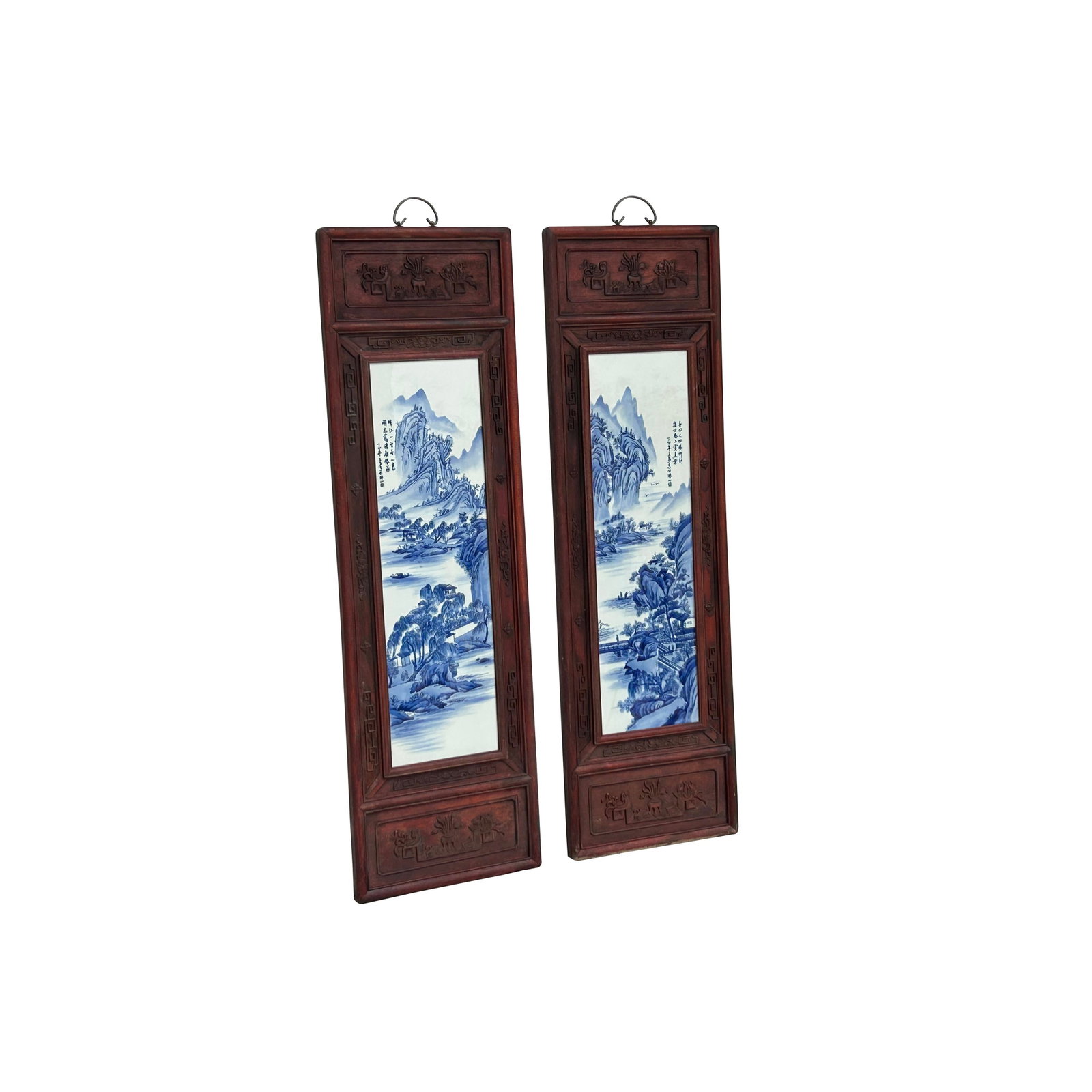 Pair Chinese Blue White Landscape Porcelain Painting Wall Panels - 3
