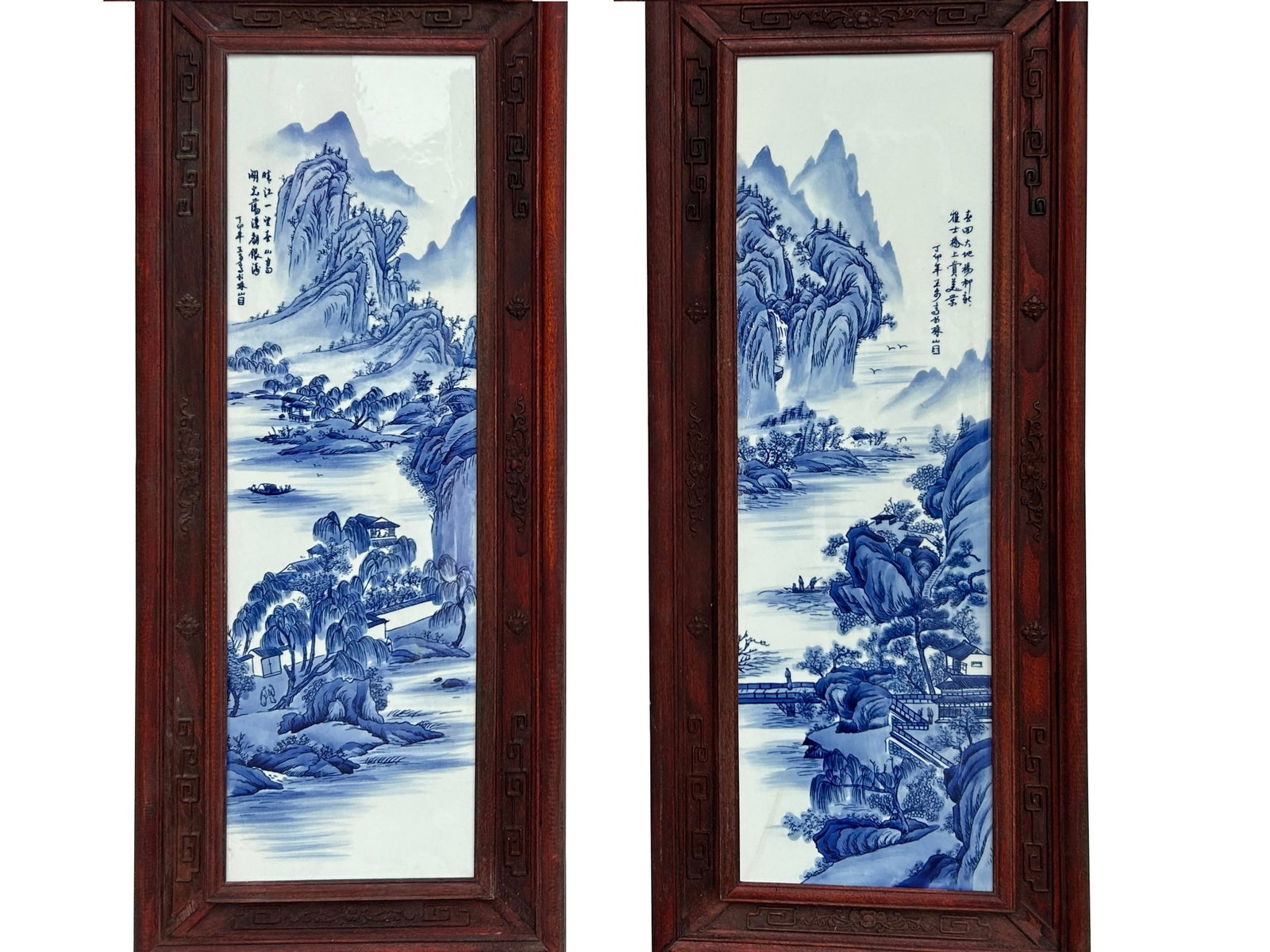Pair Chinese Blue White Landscape Porcelain Painting Wall Panels - 5