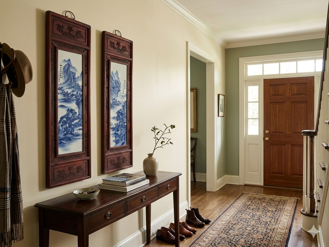 Pair Chinese Blue White Landscape Porcelain Painting Wall Panels - 6
