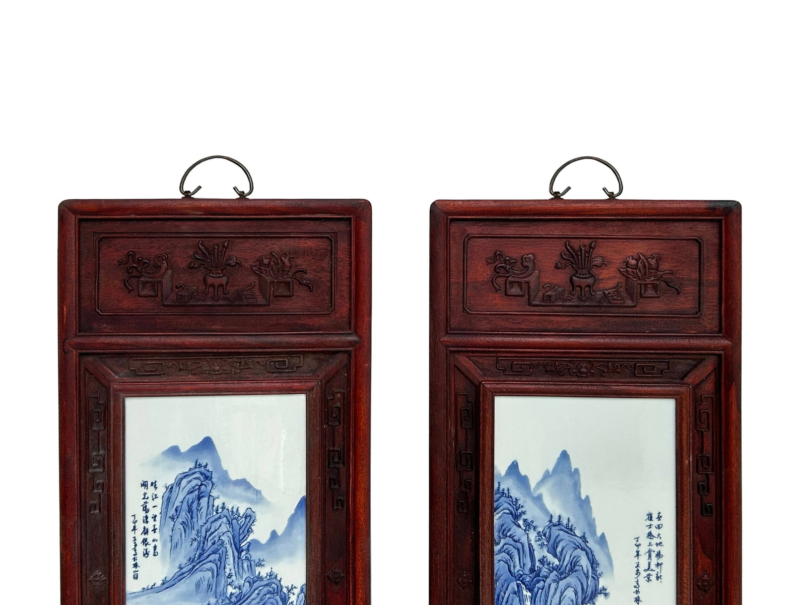 Pair Chinese Blue White Landscape Porcelain Painting Wall Panels - 8