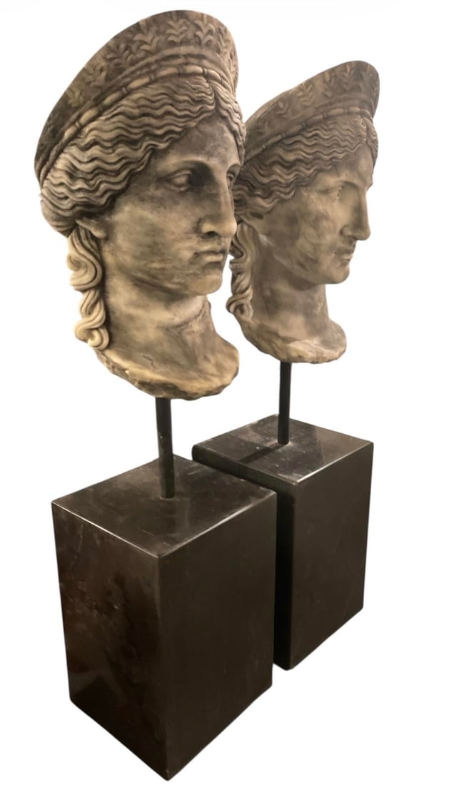 Pair of Neoclassical Style Carved Stone Busts on Marble Plinths - 2
