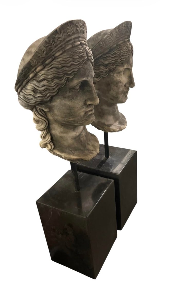 Pair of Neoclassical Style Carved Stone Busts on Marble Plinths - 3