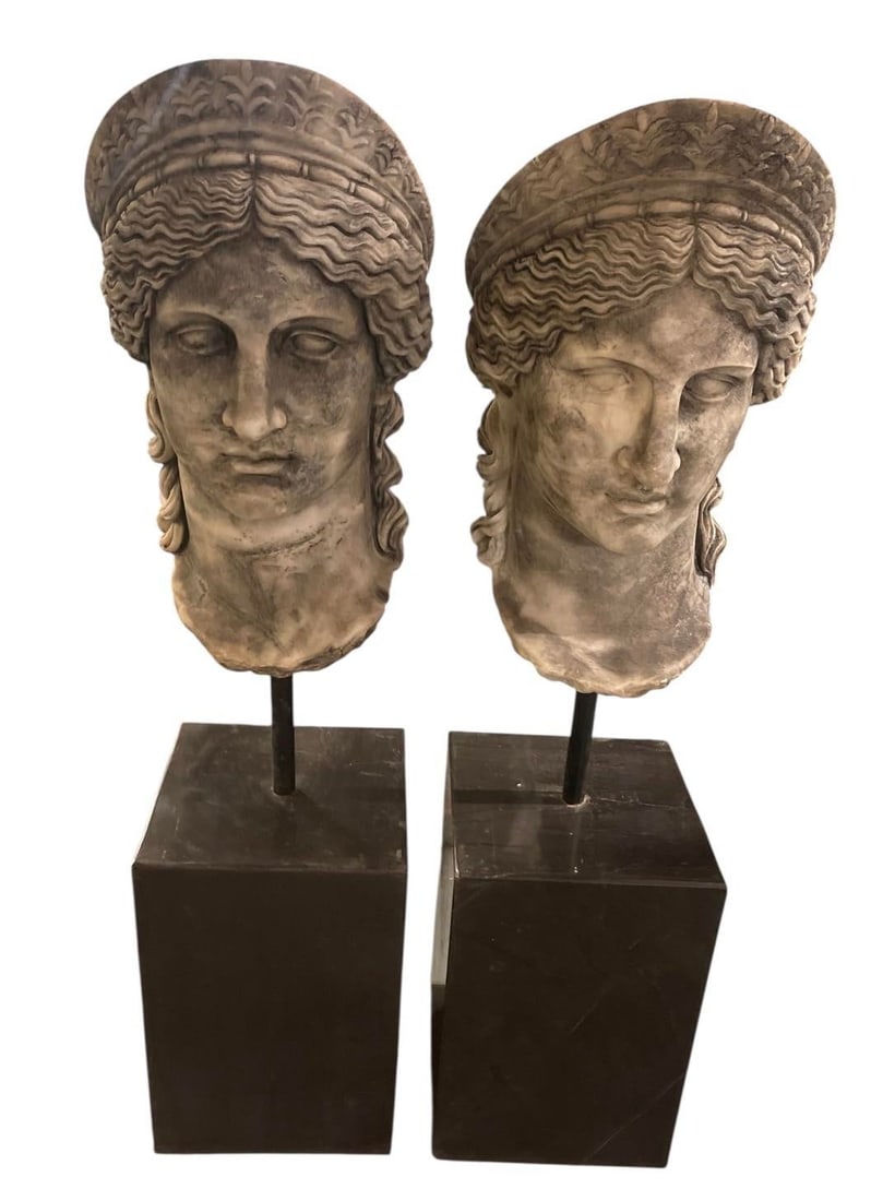 Pair of Neoclassical Style Carved Stone Busts on Marble Plinths - 4