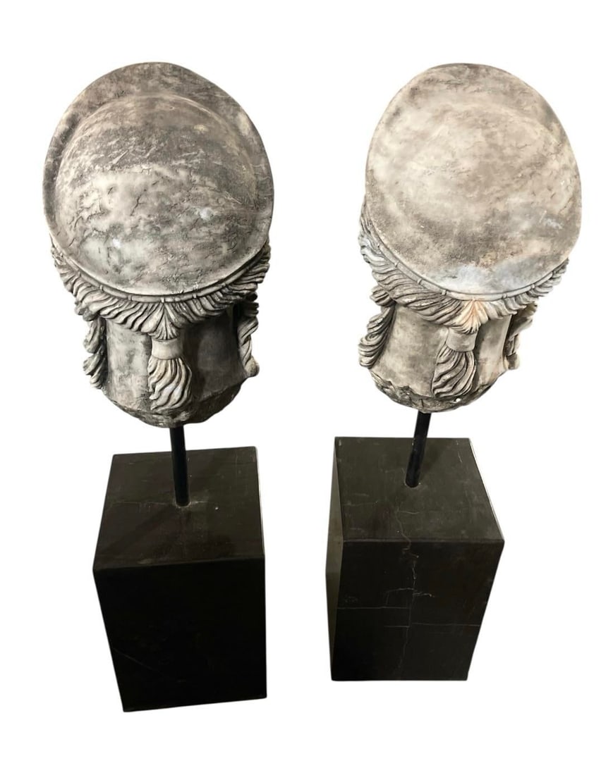 Pair of Neoclassical Style Carved Stone Busts on Marble Plinths - 5