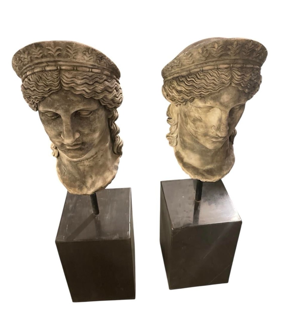 Pair of Neoclassical Style Carved Stone Busts on Marble Plinths - 6