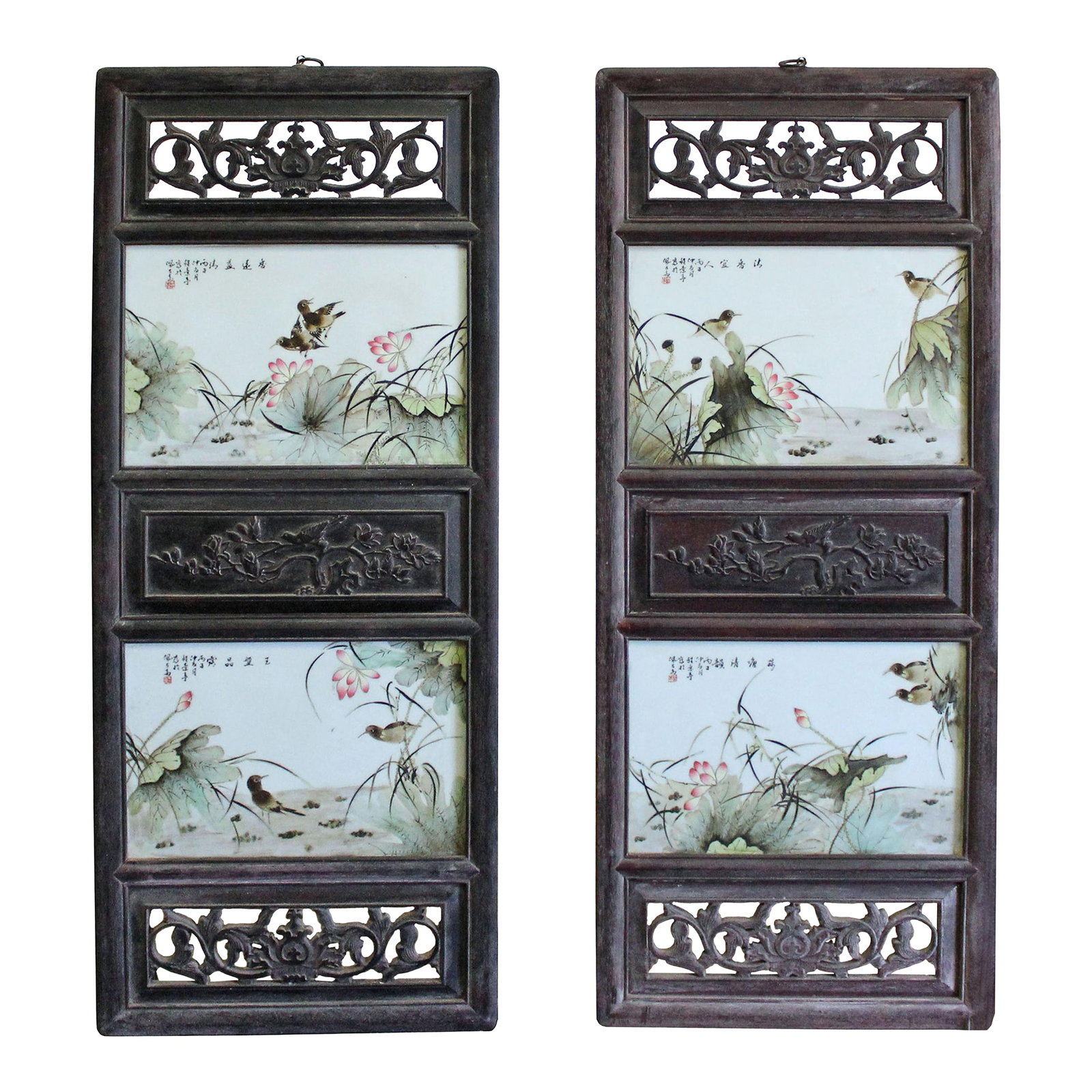 Chinese Vintage Pair Flower Birds Graphic Porcelain Wood Wall Panels Art (1 of 8)