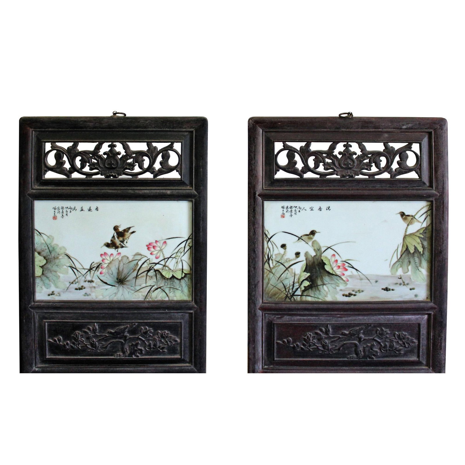 Chinese Vintage Pair Flower Birds Graphic Porcelain Wood Wall Panels Art - 2
