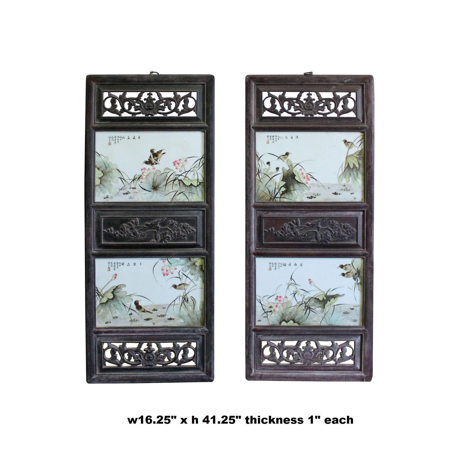 Chinese Vintage Pair Flower Birds Graphic Porcelain Wood Wall Panels Art - 4