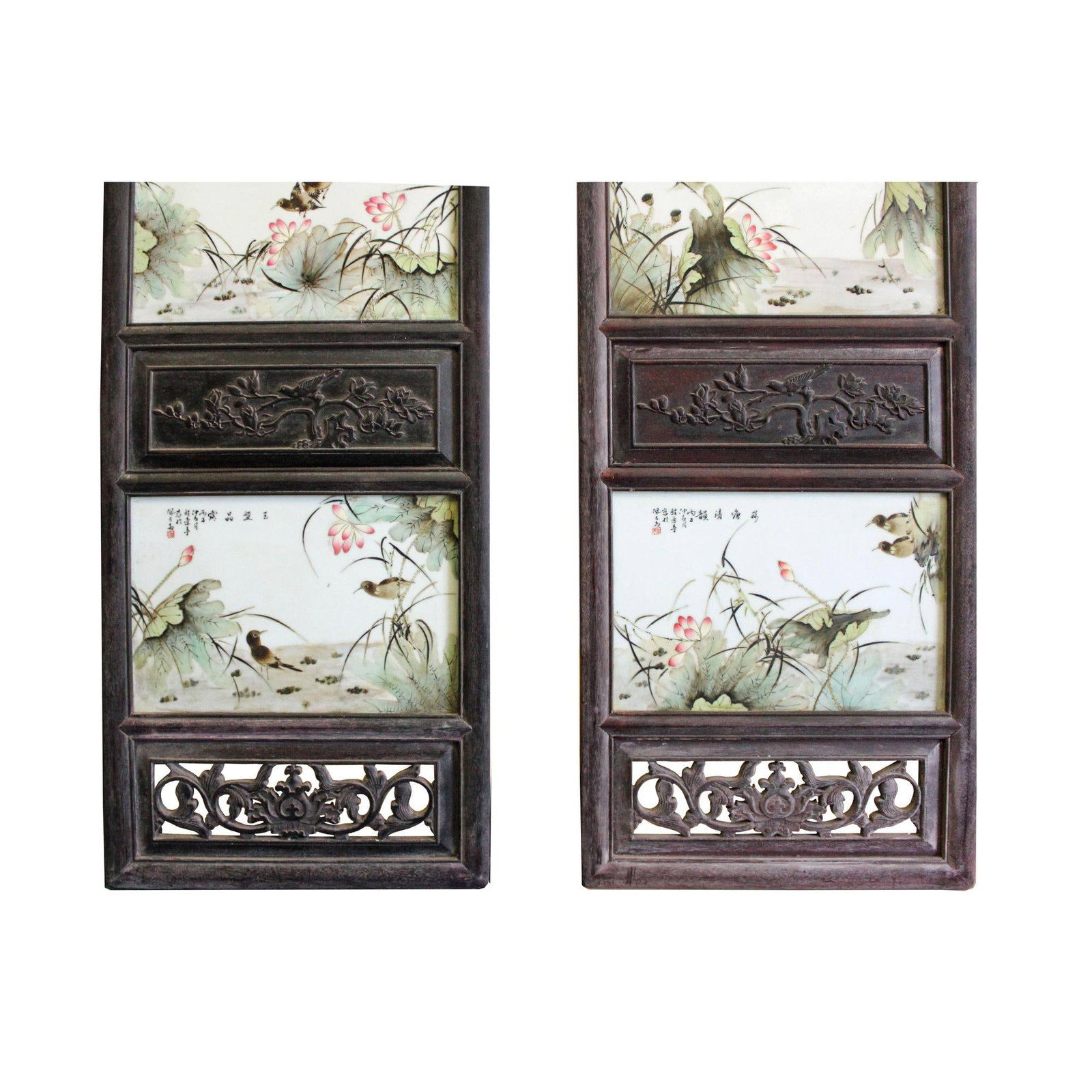 Chinese Vintage Pair Flower Birds Graphic Porcelain Wood Wall Panels Art - 5