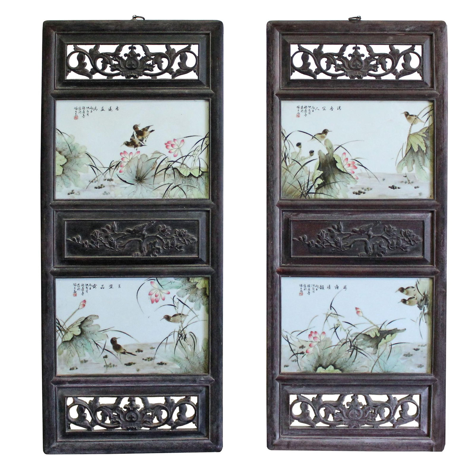 Chinese Vintage Pair Flower Birds Graphic Porcelain Wood Wall Panels Art - 6
